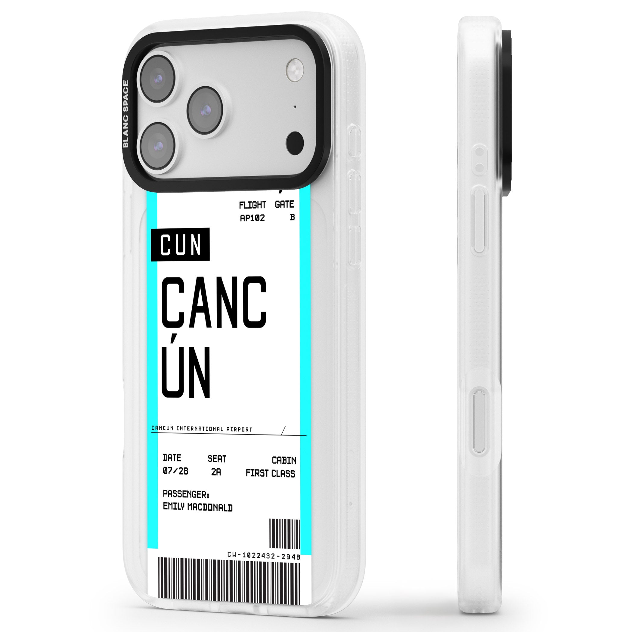Personalised Cancún Boarding Pass iPhone 17 Pro Impact Air Clear Phone Case Side Profile