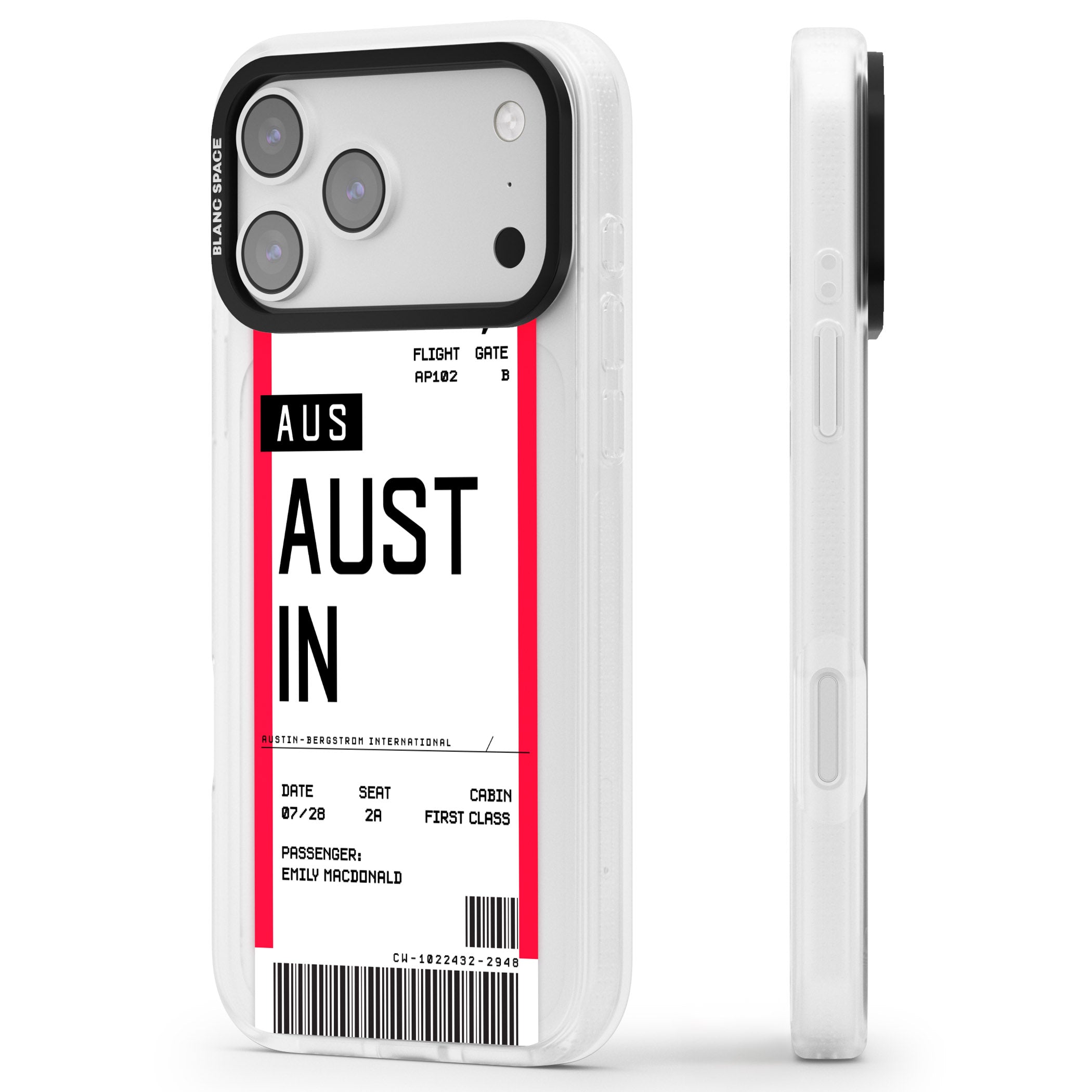 Personalised Austin Boarding Pass iPhone 17 Pro Impact Air Clear Phone Case Side Profile