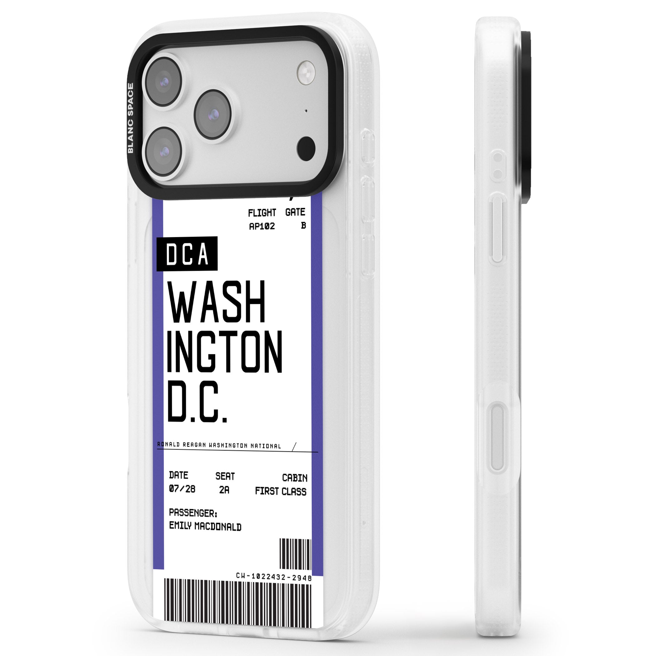 Personalised Washington D.C. Boarding Pass iPhone 17 Pro Impact Air Clear Phone Case Side Profile