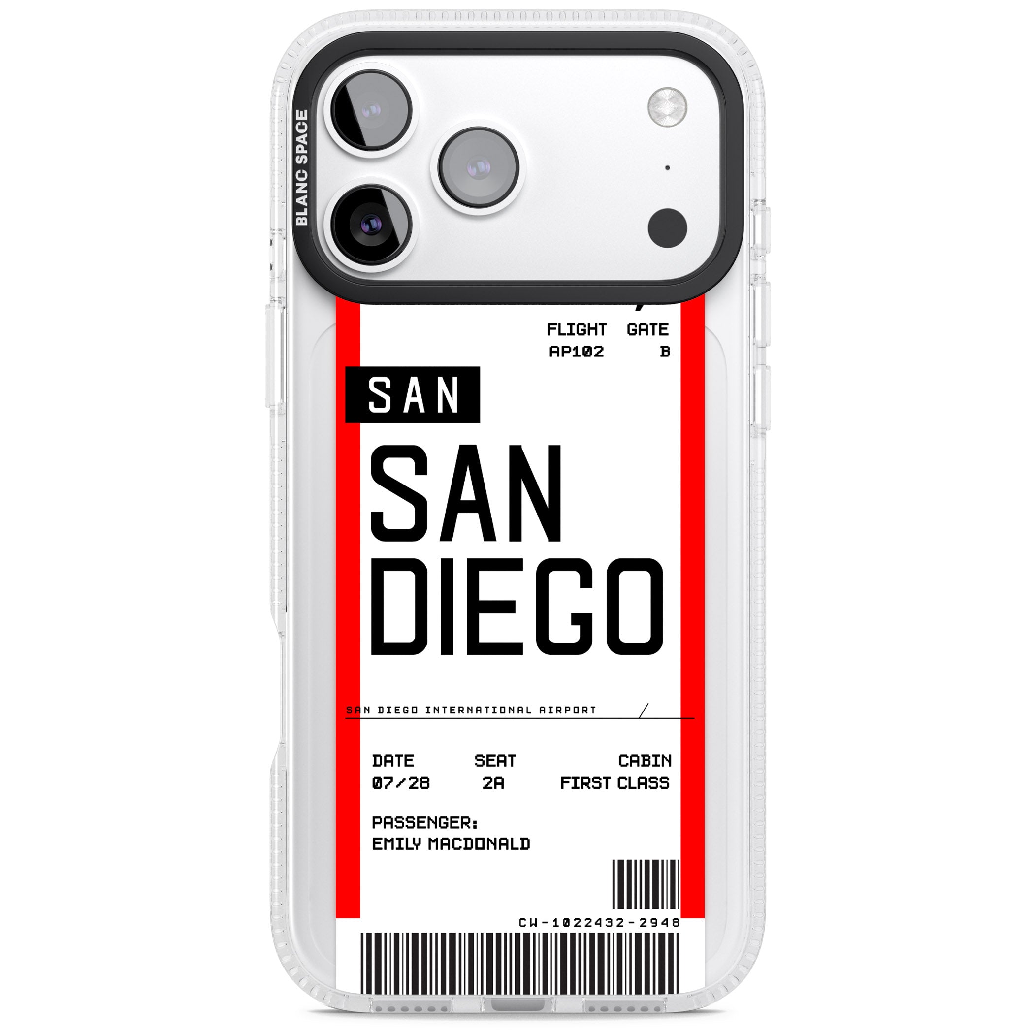 Personalised San Diego Boarding Pass iPhone 17 Pro Impact Air Clear Phone Case