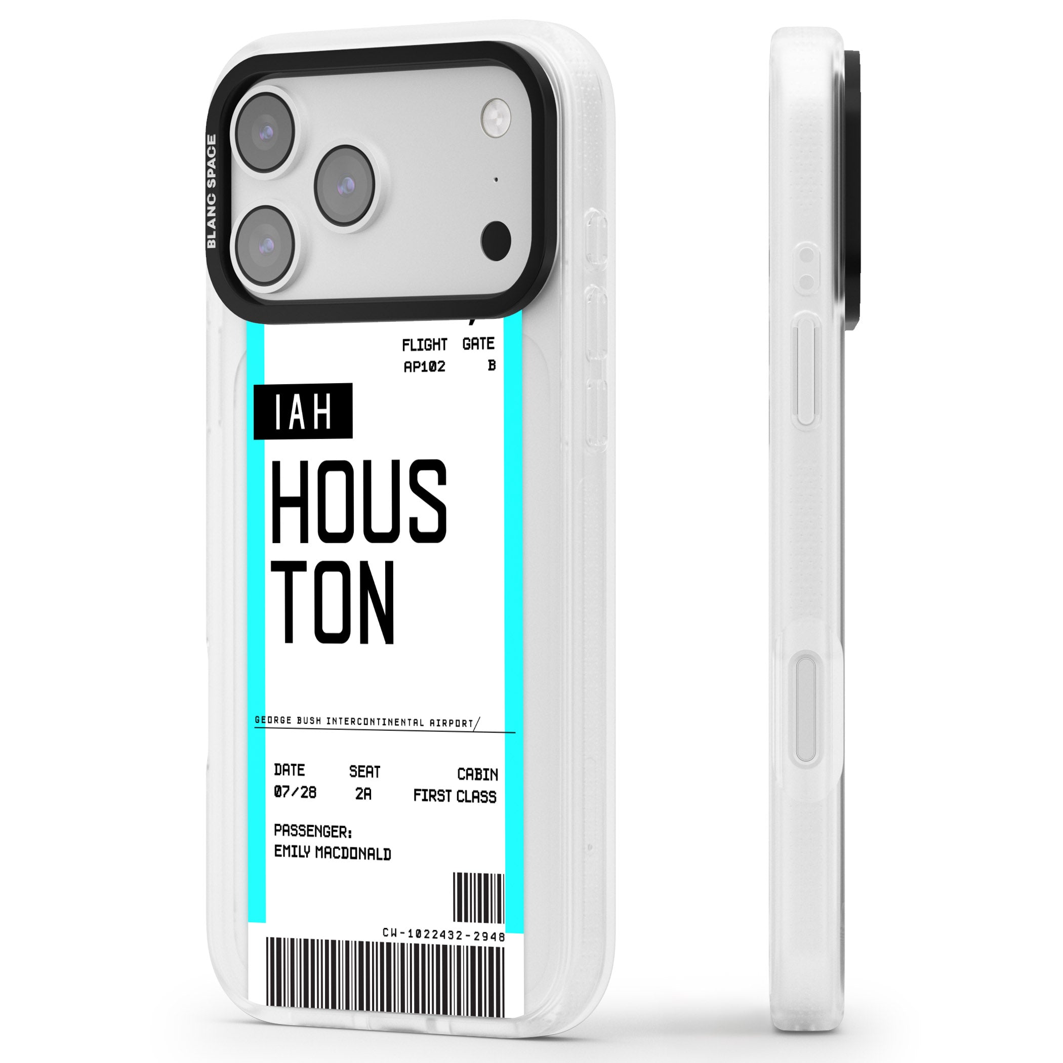 Personalised Houston Boarding Pass iPhone 17 Pro Impact Air Clear Phone Case Side Profile