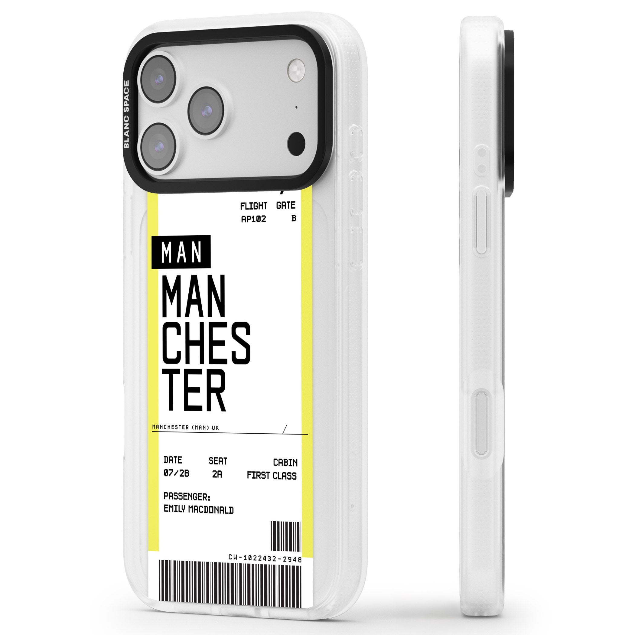 Personalised Manchester Boarding Pass iPhone 17 Pro Impact Air Clear Phone Case Side Profile