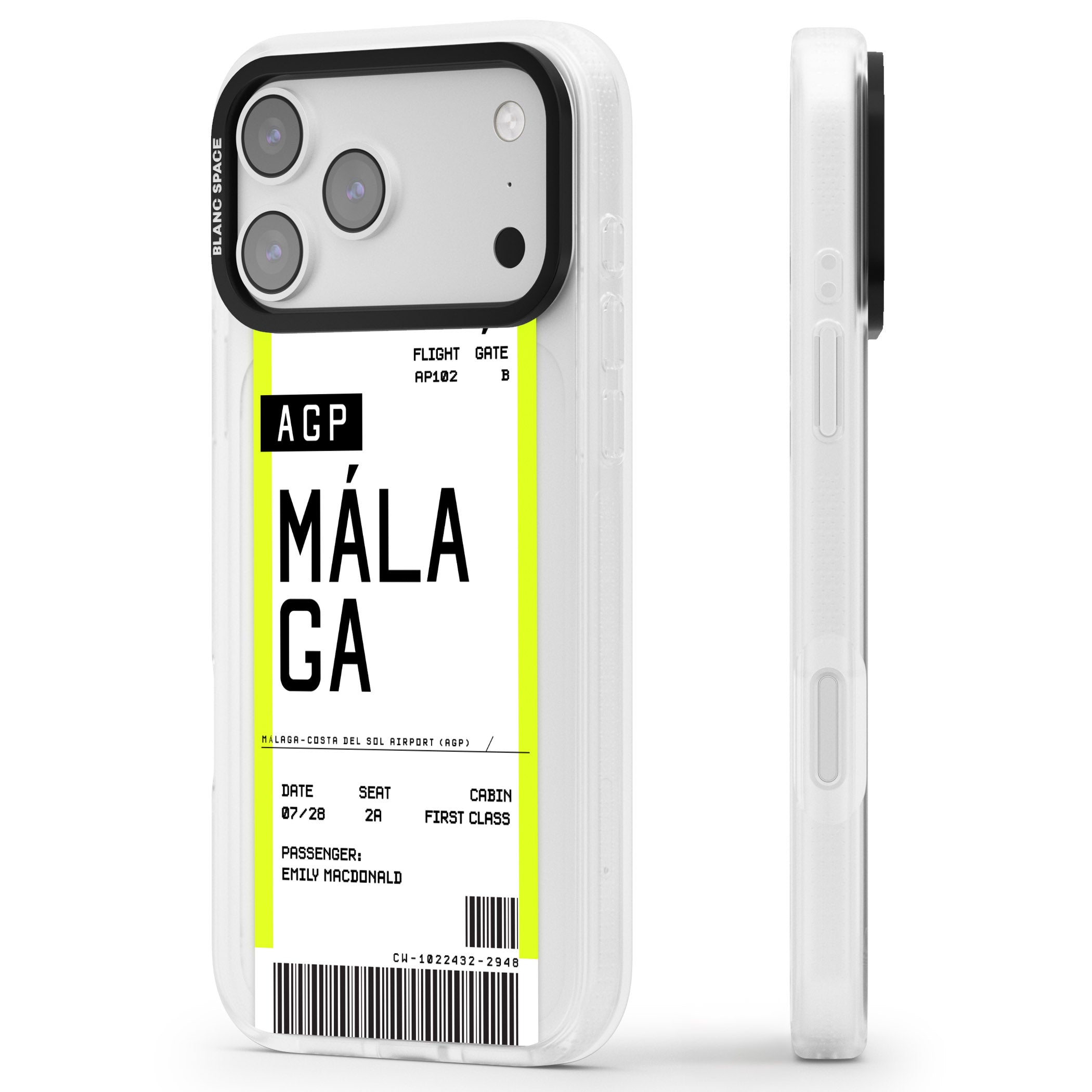 Personalised Málaga Boarding Pass iPhone 17 Pro Impact Air Clear Phone Case Side Profile