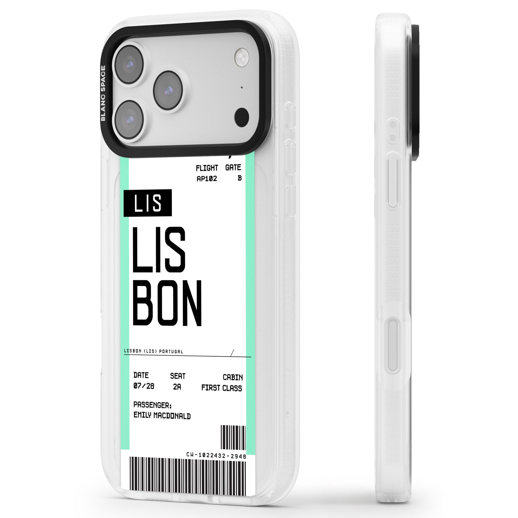Personalised Lisbon Boarding Pass iPhone 17 Pro Impact Air Clear Phone Case Side Profile
