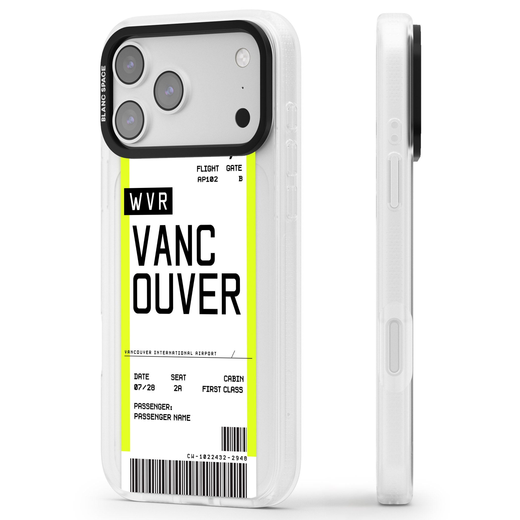 Personalised Vancouver Boarding Pass iPhone 17 Pro Impact Air Clear Phone Case Side Profile