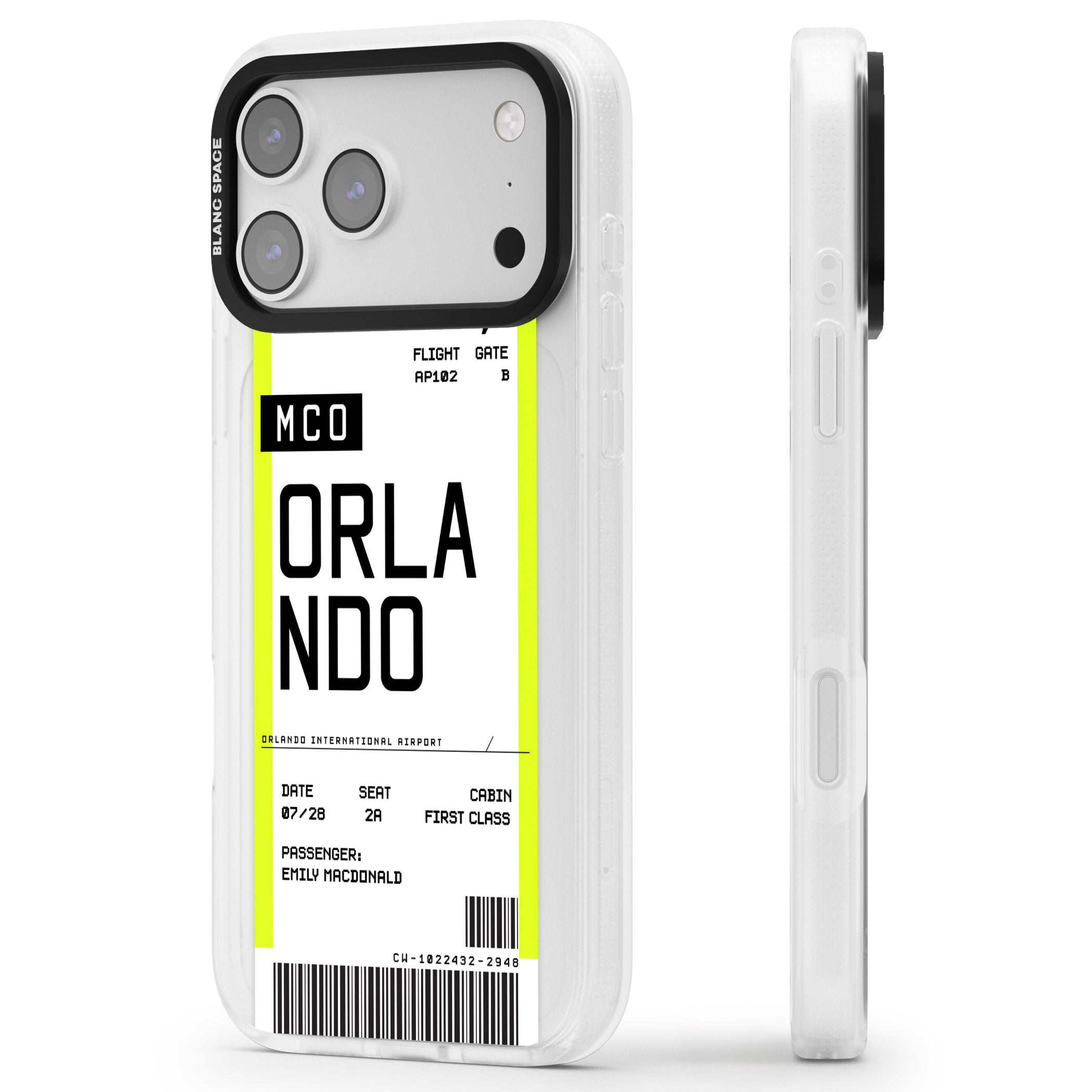 Personalised Orlando Boarding Pass iPhone 17 Pro Impact Air Clear Phone Case Side Profile