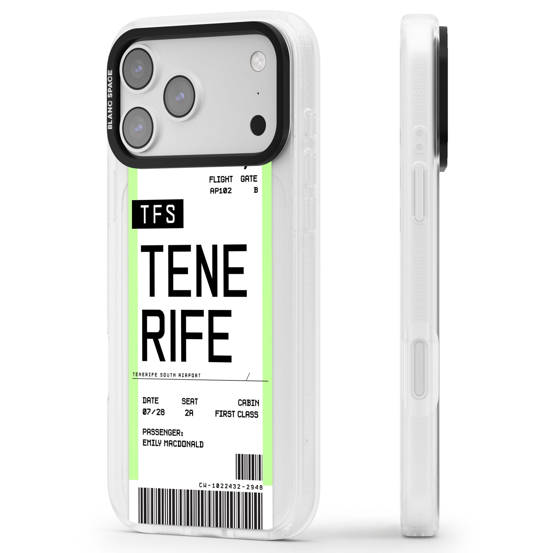 Personalised Tenerife Boarding Pass iPhone 17 Pro Impact Air Clear Phone Case Side Profile