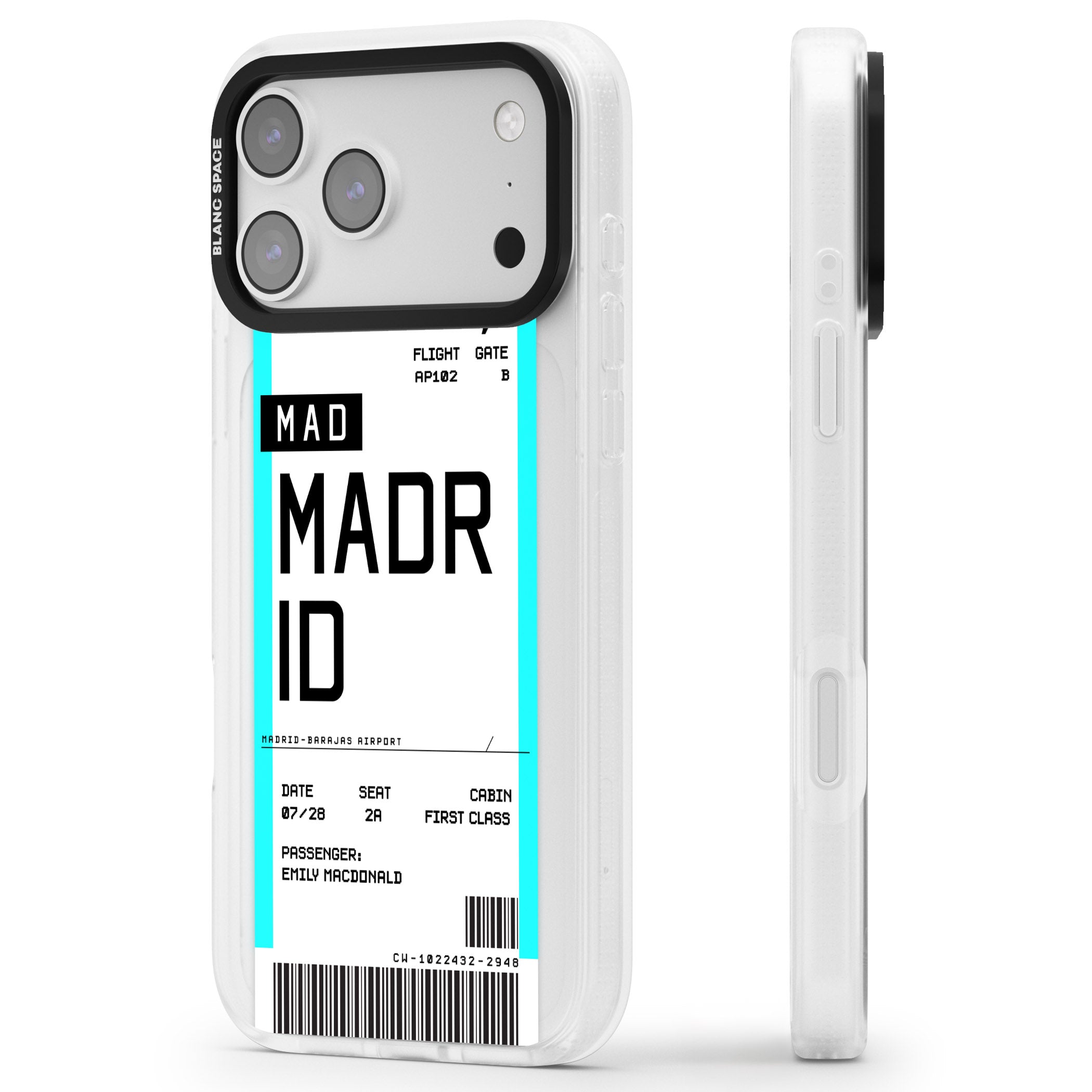 Personalised Madrid Boarding Pass iPhone 17 Pro Impact Air Clear Phone Case Side Profile