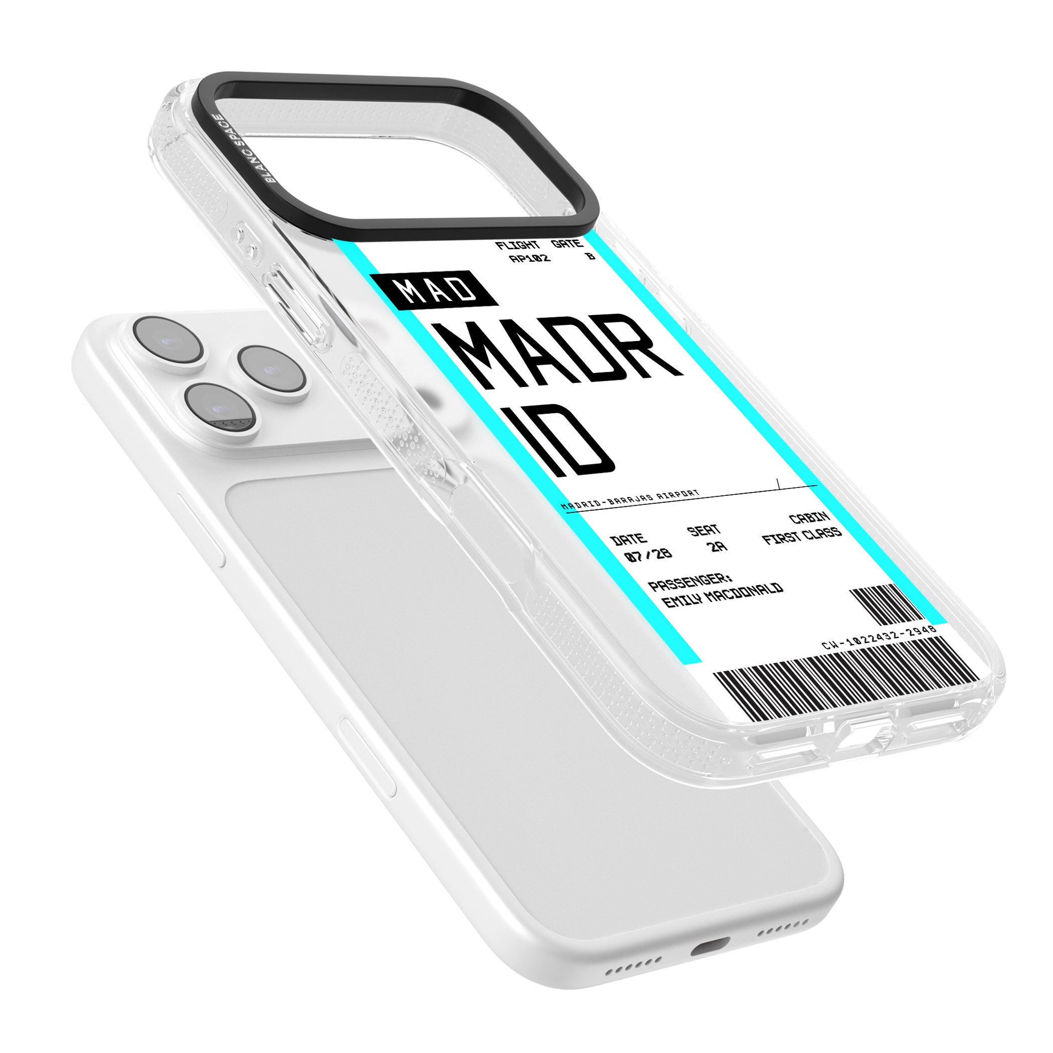 Personalised Madrid Boarding Pass iPhone 17 Pro Impact Air Clear Phone Case Colours