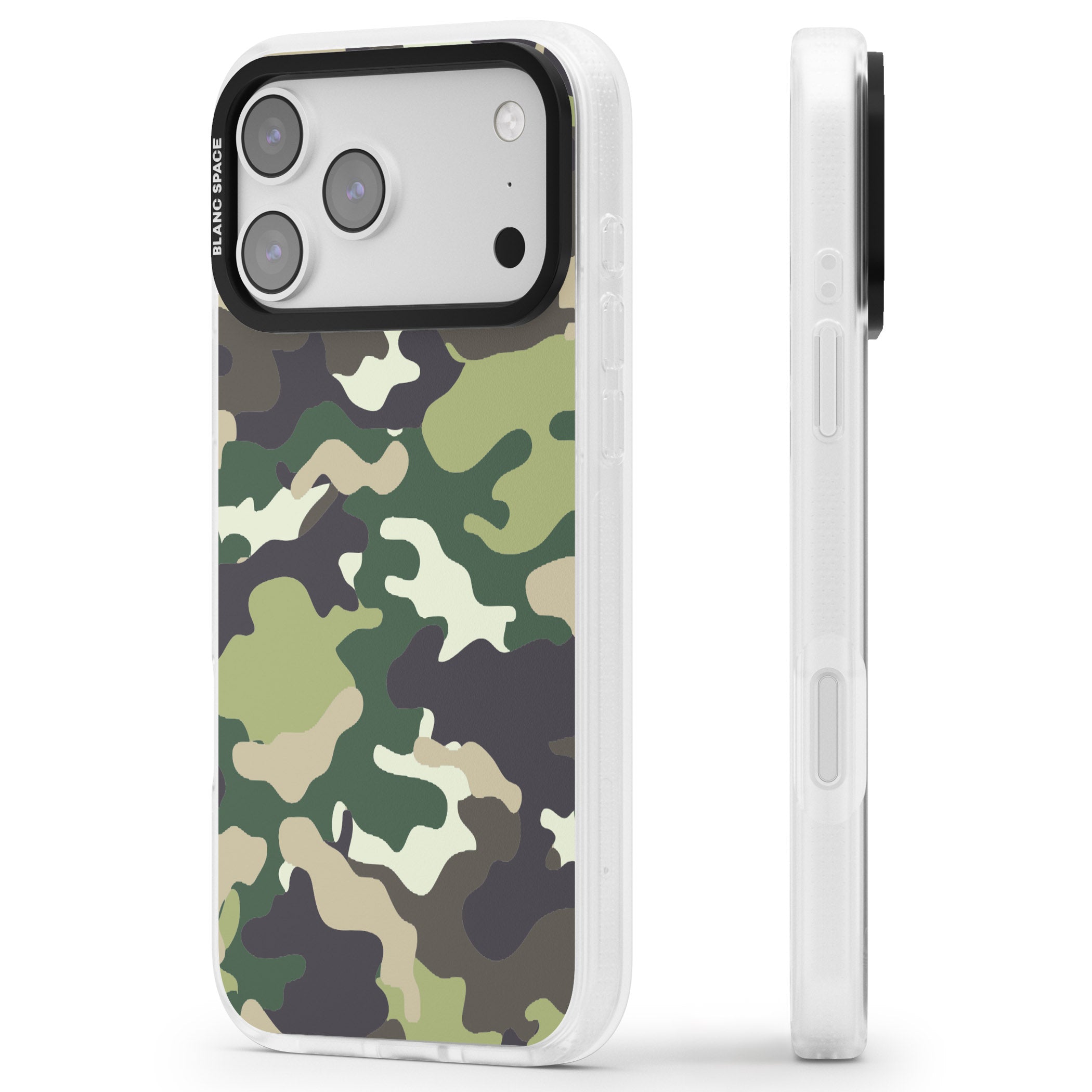 Green Camo iPhone 17 Pro Impact Air Clear Phone Case Side Profile