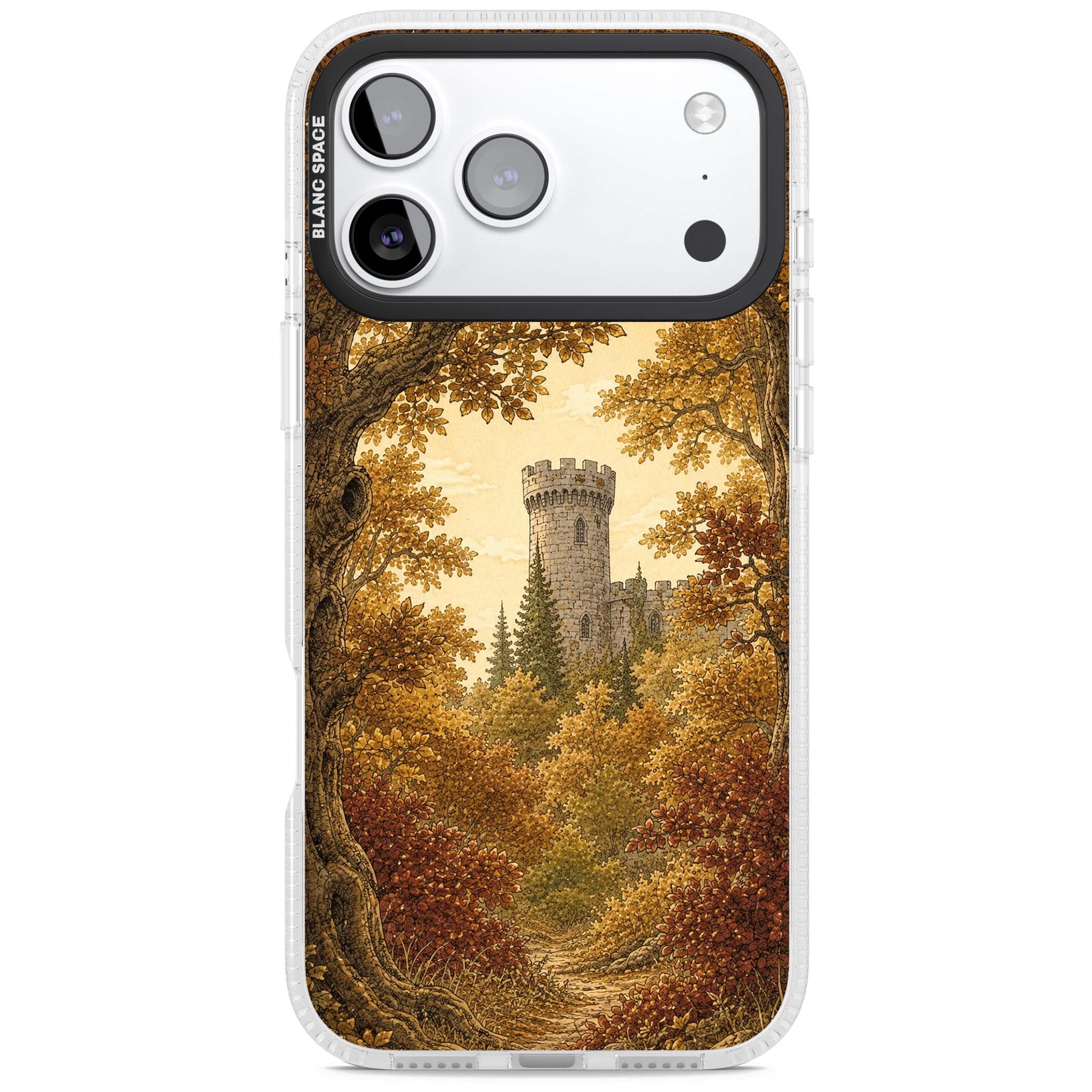 Autumn Keep cottagecore iPhone case featuring a medieval castle tower framed by golden autumn trees and woodland foliage | Clear Case Impact Air case for iPhone 17 Pro, iPhone 17 Pro Max
