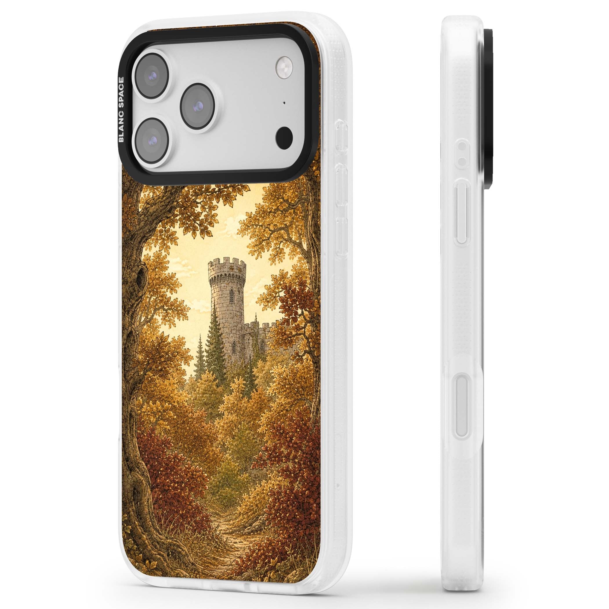 Autumn Keep cottagecore iPhone case featuring a medieval castle tower framed by golden autumn trees and woodland foliage | Clear Case Impact Air case for iPhone 17 Pro, iPhone 17 Pro Max