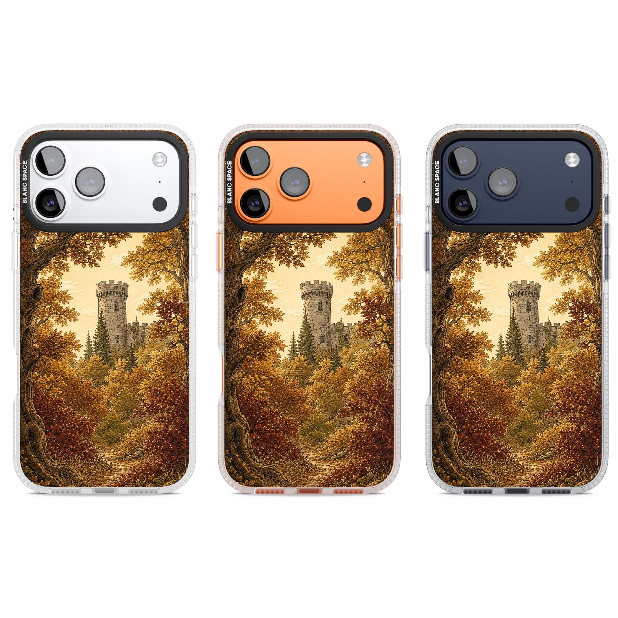Autumn Keep cottagecore iPhone case featuring a medieval castle tower framed by golden autumn trees and woodland foliage | Clear Case Impact Air case for iPhone 17 Pro, iPhone 17 Pro Max