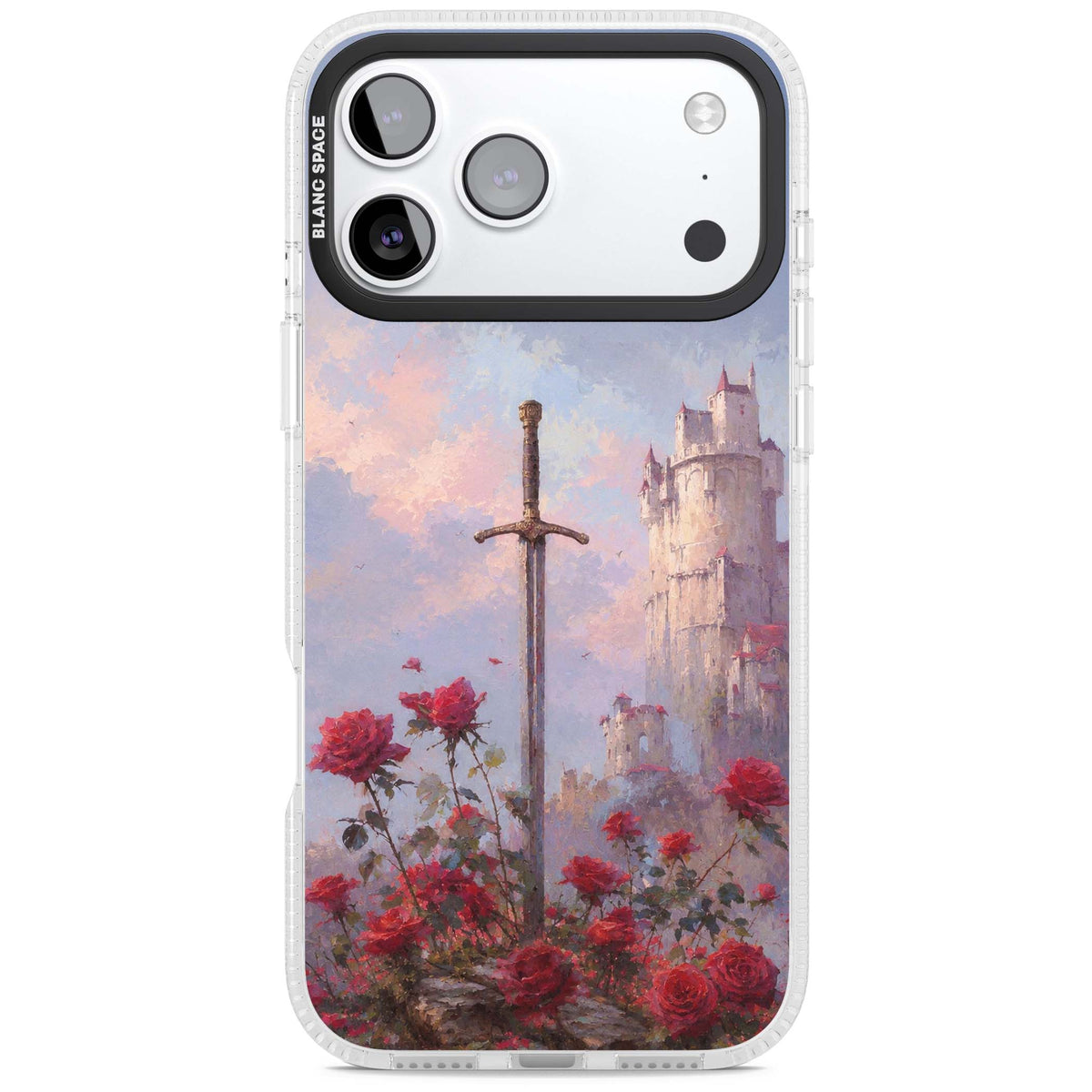 Sword in Roses medieval art iPhone case featuring a sword, red roses, and a misty fairytale castle at sunset | Clear Case Impact Air case for iPhone 17 Pro, iPhone 17 Pro Max