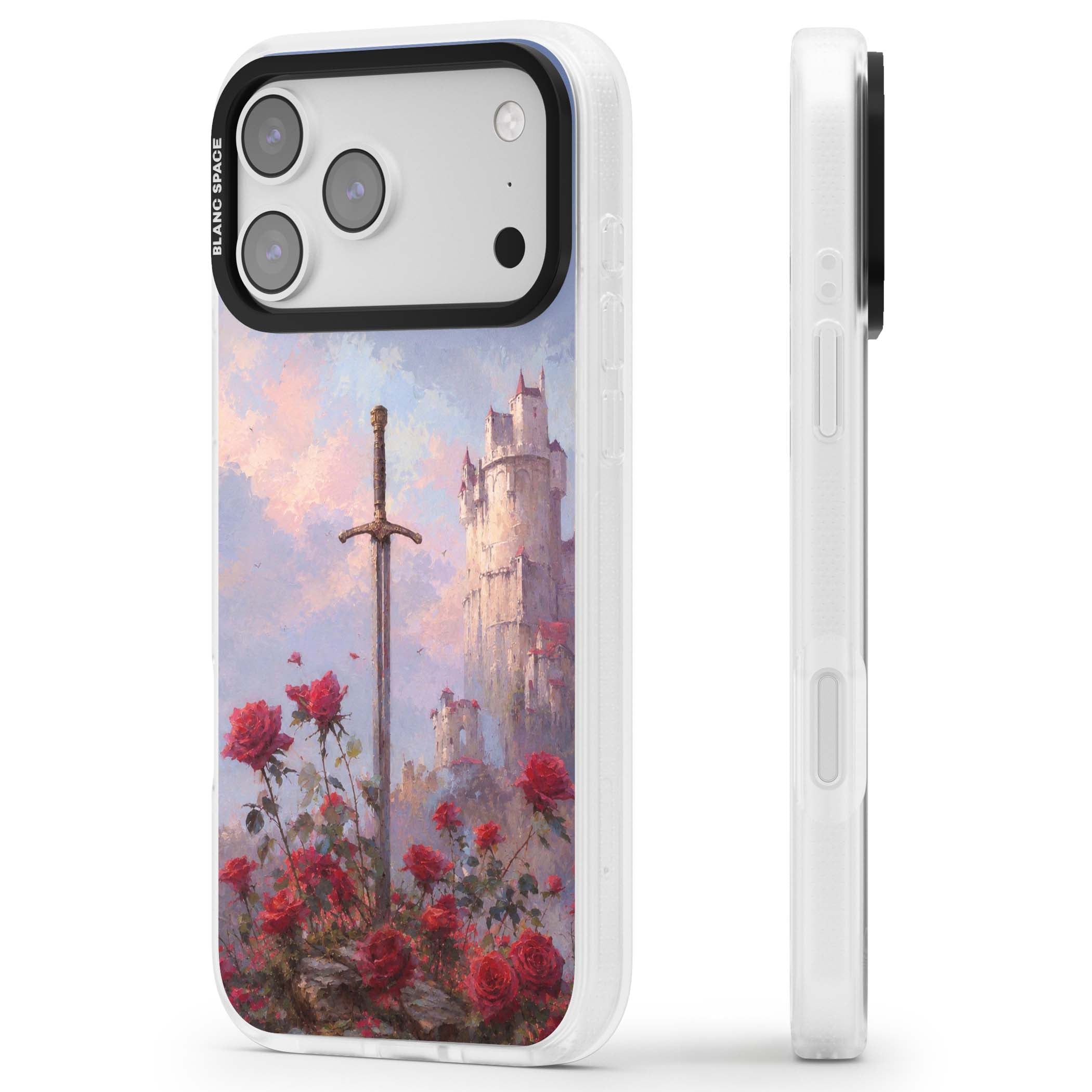 Sword in Roses medieval art iPhone case featuring a sword, red roses, and a misty fairytale castle at sunset | Clear Case Impact Air case for iPhone 17 Pro, iPhone 17 Pro Max