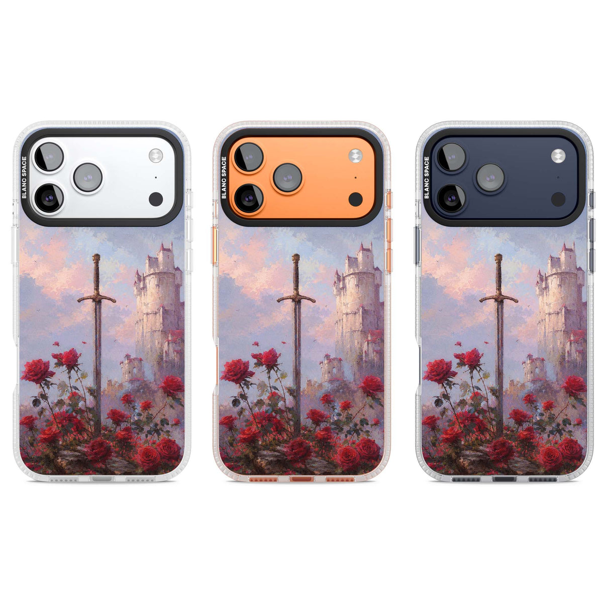 Sword in Roses medieval art iPhone case featuring a sword, red roses, and a misty fairytale castle at sunset | Clear Case Impact Air case for iPhone 17 Pro, iPhone 17 Pro Max