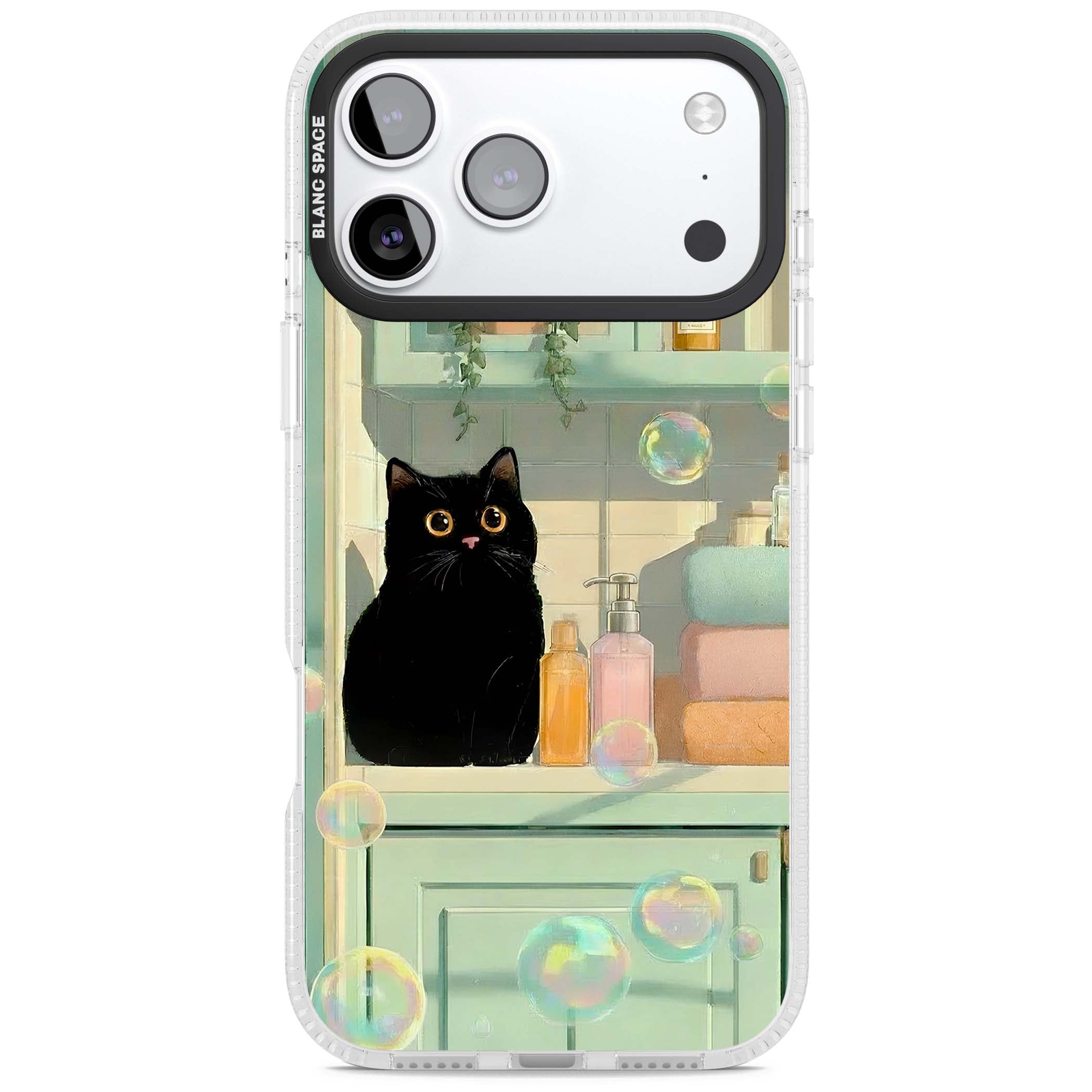 Bathroom Bubble Kitty cottagecore iPhone case featuring a black cat, mint bathroom scene and floating soap bubbles | Clear Case Impact Air case for iPhone 17 Pro, iPhone 17 Pro Max