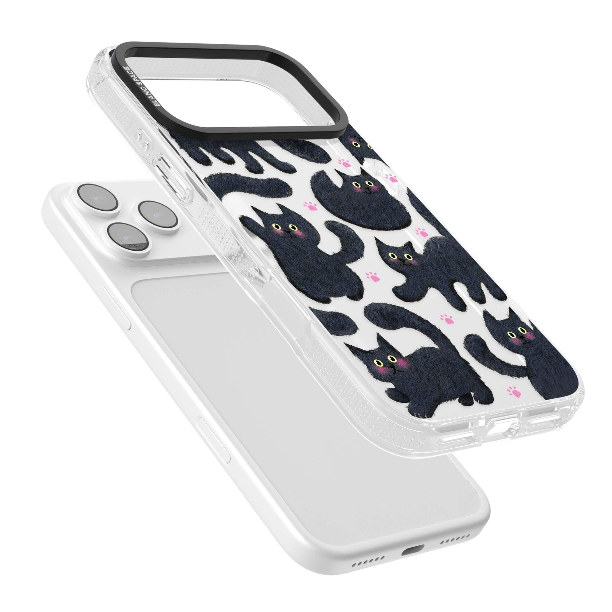 Midnight Cats cute iPhone case featuring black cat pattern with yellow eyes and pink paw prints | Clear Case Impact Air case for iPhone 17 Pro, iPhone 17 Pro Max
