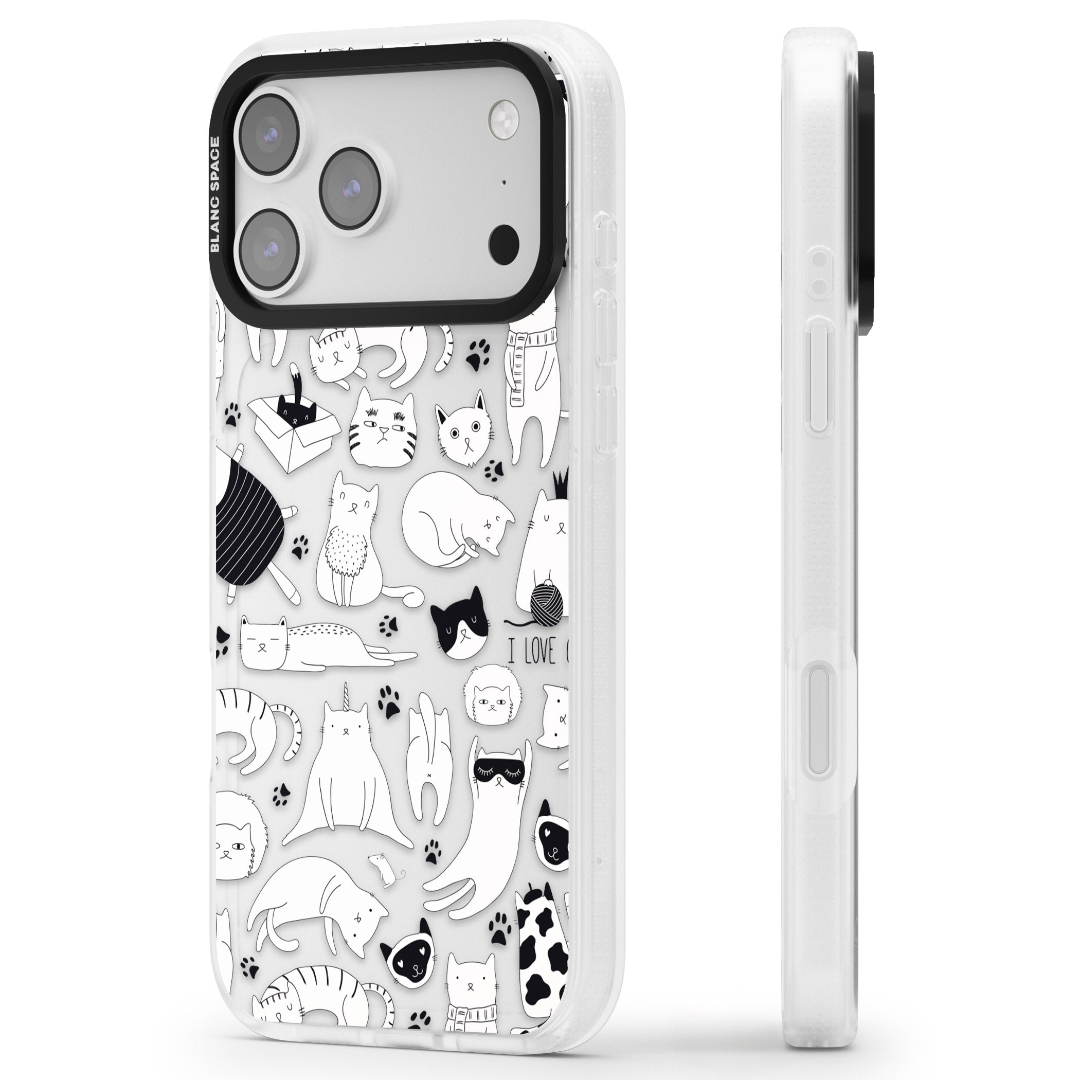 Cartoon Cat Collage Black & White iPhone 17 Pro Impact Air Clear Phone Case Side Profile