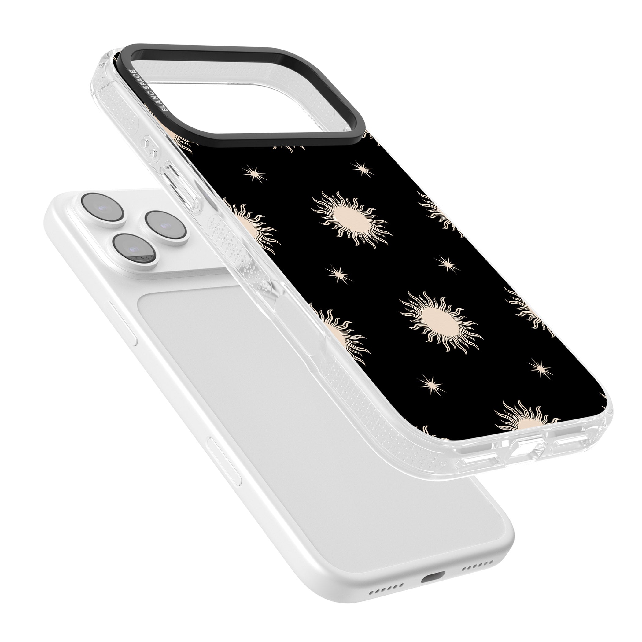 Celestial Patterns Classic Suns (Black) iPhone 17 Pro Impact Air Clear Phone Case Colours