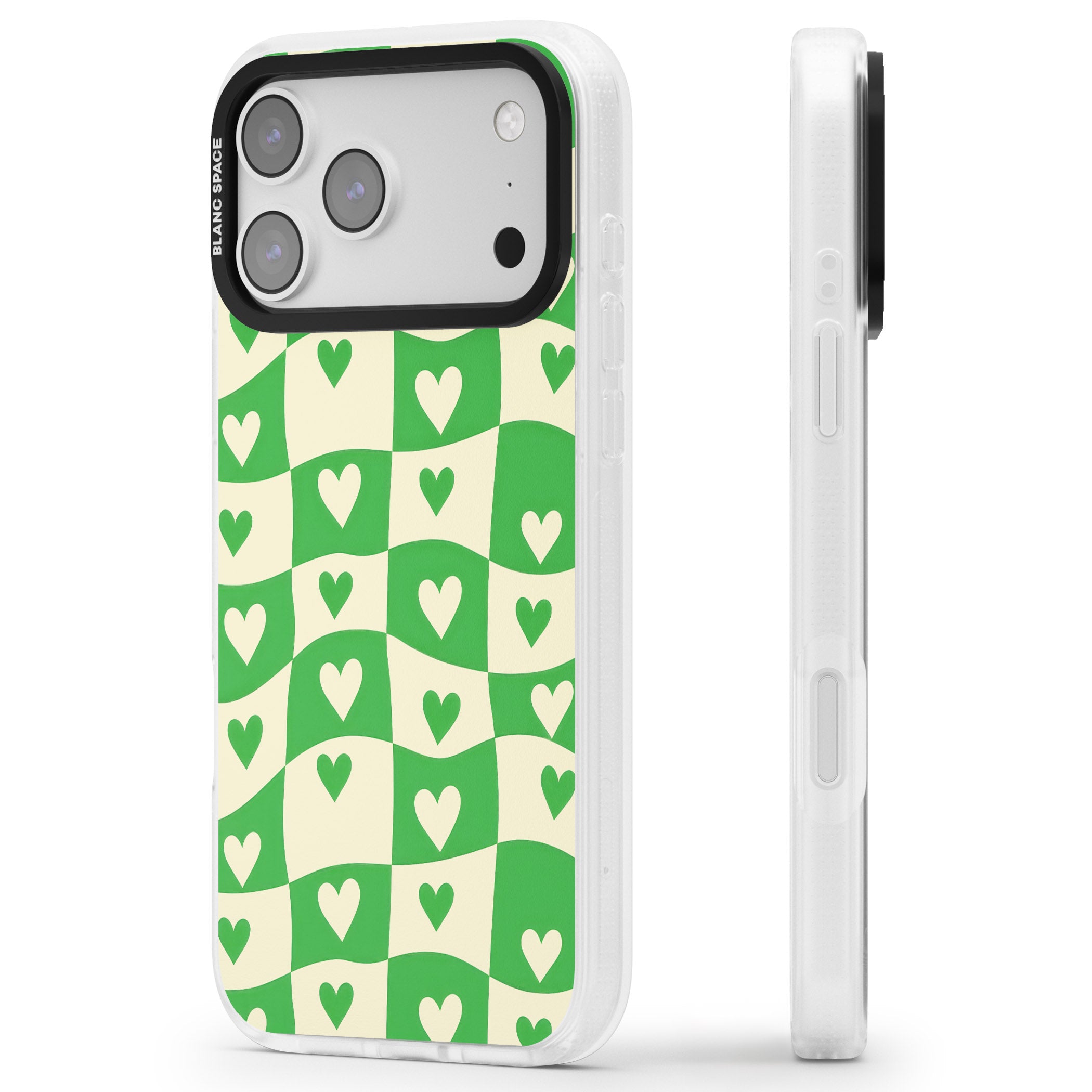 Green Wavy Checked Hearts iPhone 17 Pro Impact Air Clear Phone Case Side Profile