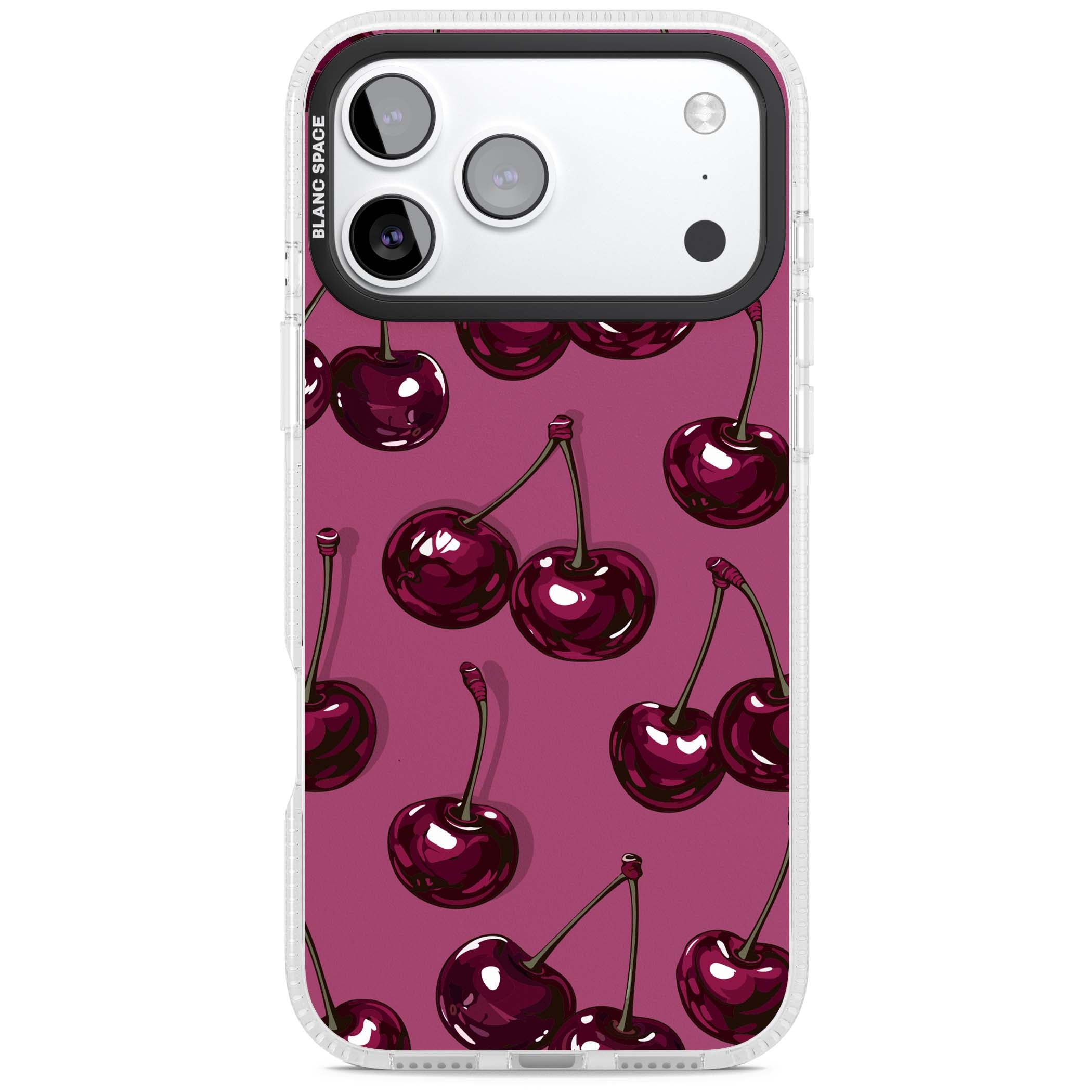 Cherry Soda coquette iPhone case featuring glossy burgundy cherries on a dusty pink background | Clear Case Impact Air case for iPhone 17 Pro, iPhone 17 Pro Max