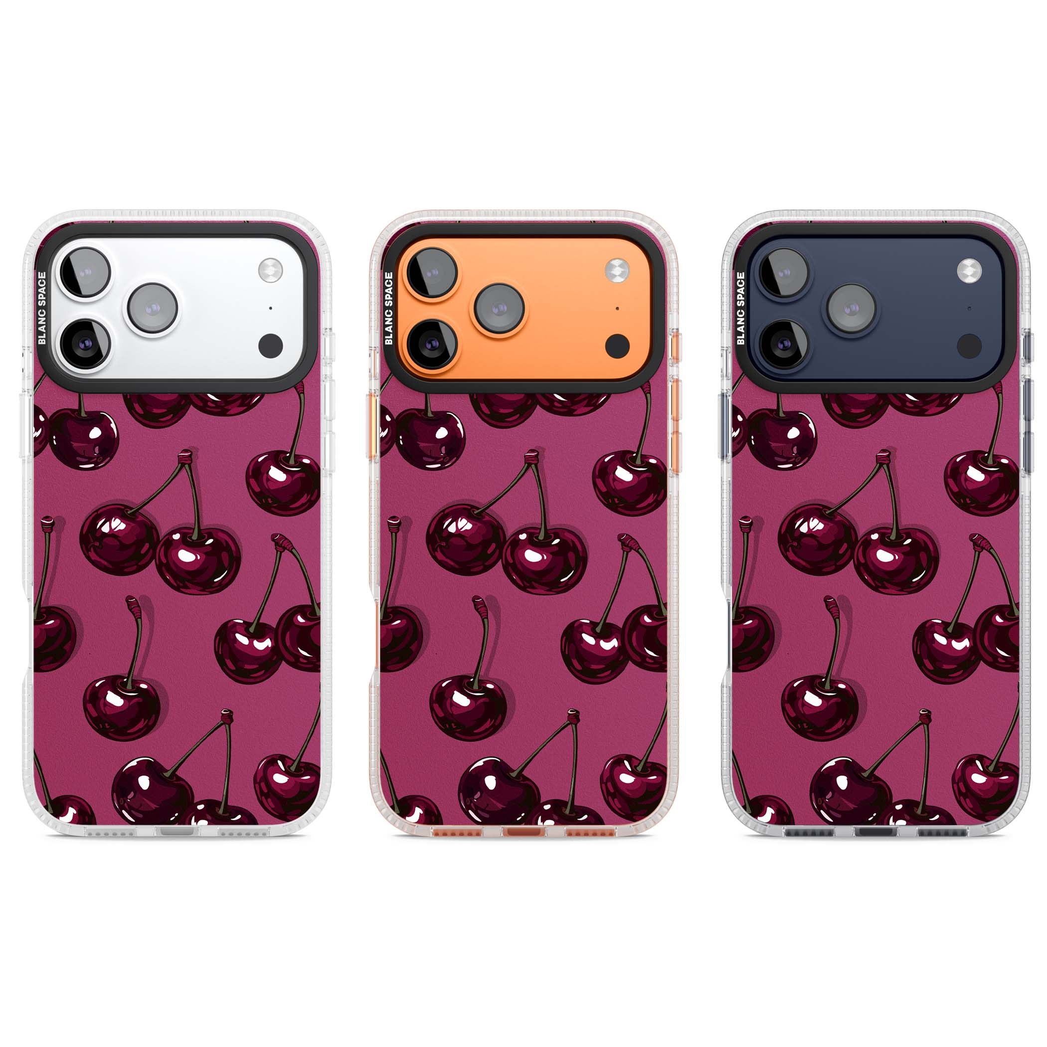 Cherry Soda coquette iPhone case featuring glossy burgundy cherries on a dusty pink background | Clear Case Impact Air case for iPhone 17 Pro, iPhone 17 Pro Max