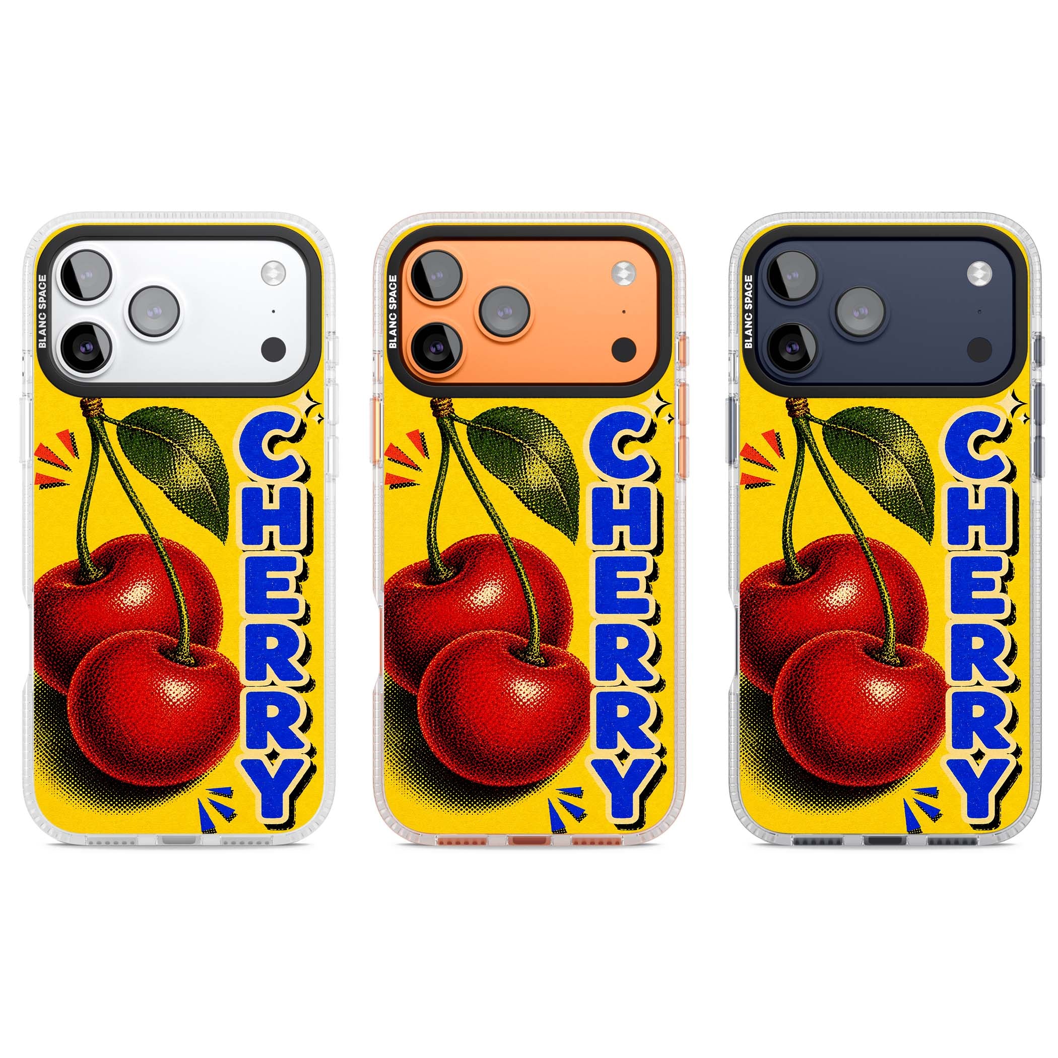 Cherry Yellow y2k iPhone case featuring two red cherries, halftone shading and bold blue CHERRY lettering on yellow | Clear Case Impact Air case for iPhone 17 Pro, iPhone 17 Pro Max