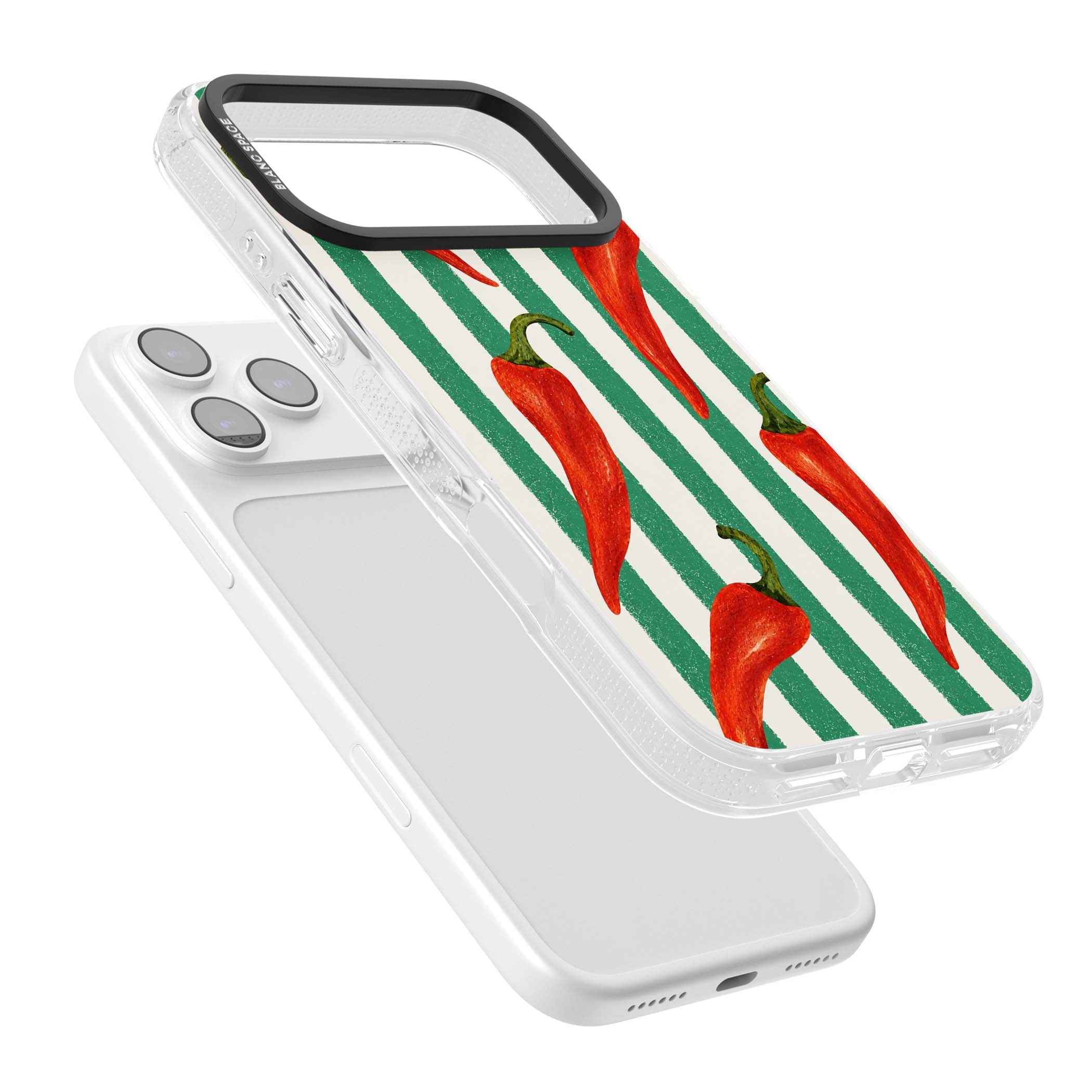 Striped Chillis coastal iPhone case featuring hand-painted red chili peppers on green and cream stripes | Clear Case Impact Air case for iPhone 17 Pro, iPhone 17 Pro Max