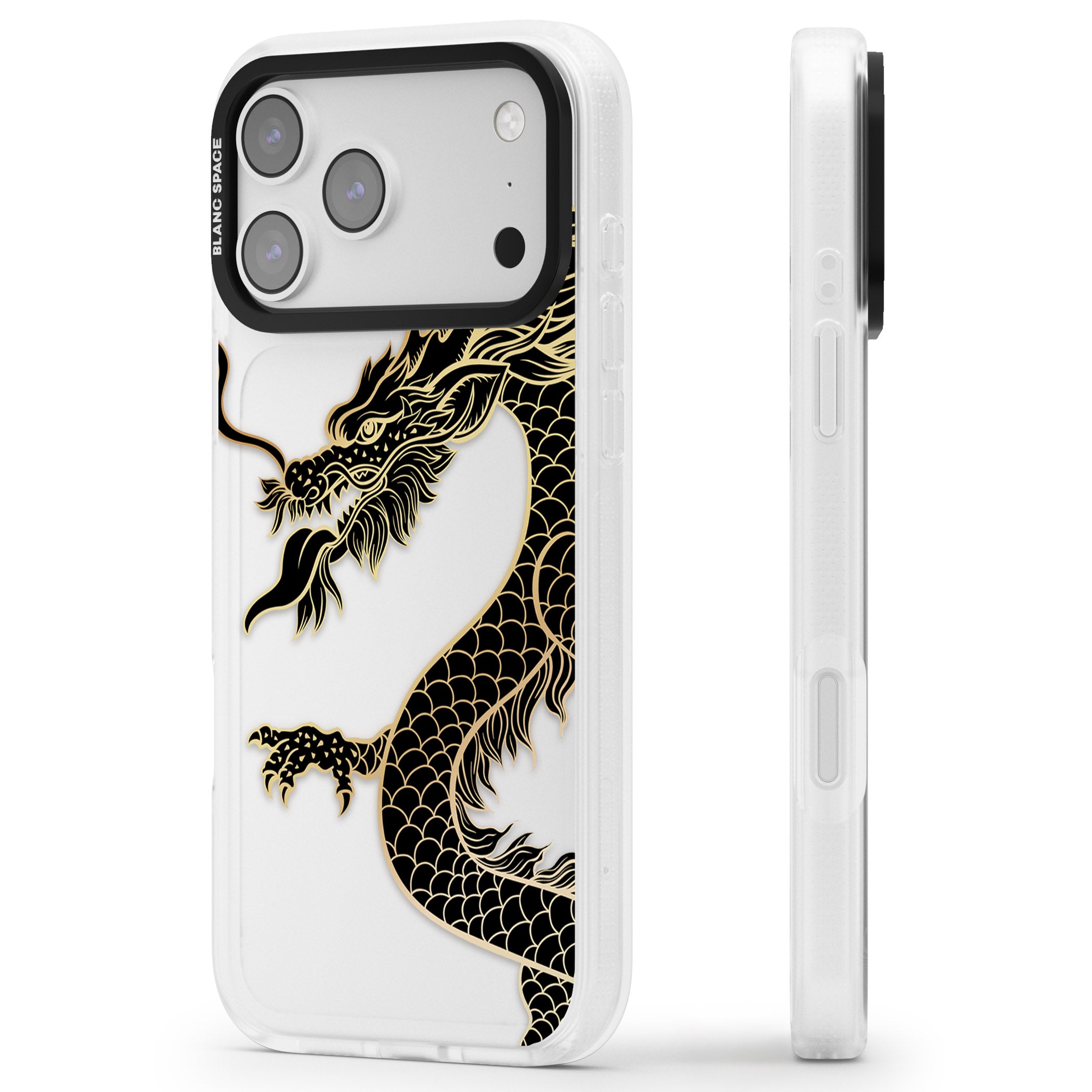 Large Black Dragon iPhone 17 Pro Impact Air Clear Phone Case Side Profile