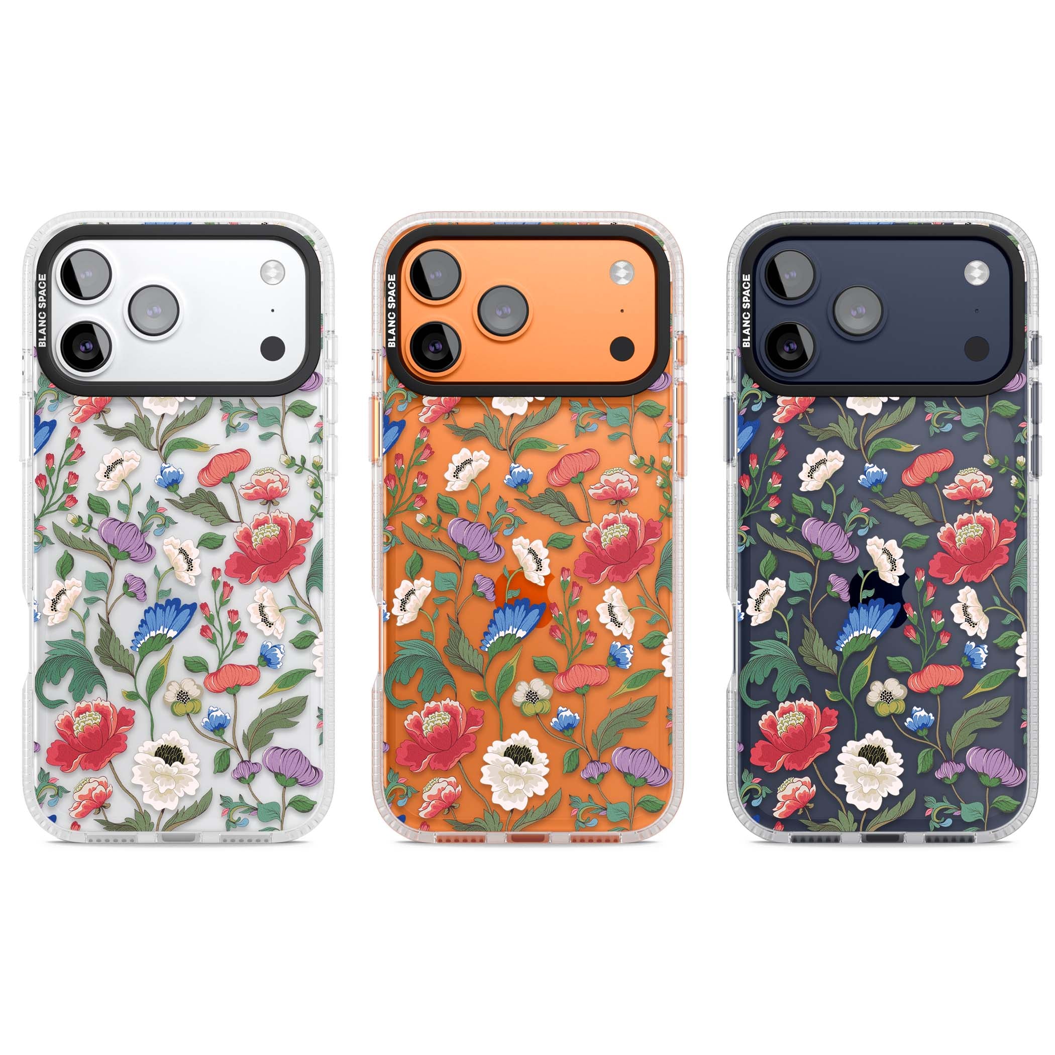 Chinoiserie Bloom vintage floral iPhone case featuring hand-painted peonies, poppies and trailing wildflowers on clear... | Clear Case Impact Air case for iPhone 17 Pro, iPhone 17 Pro Max