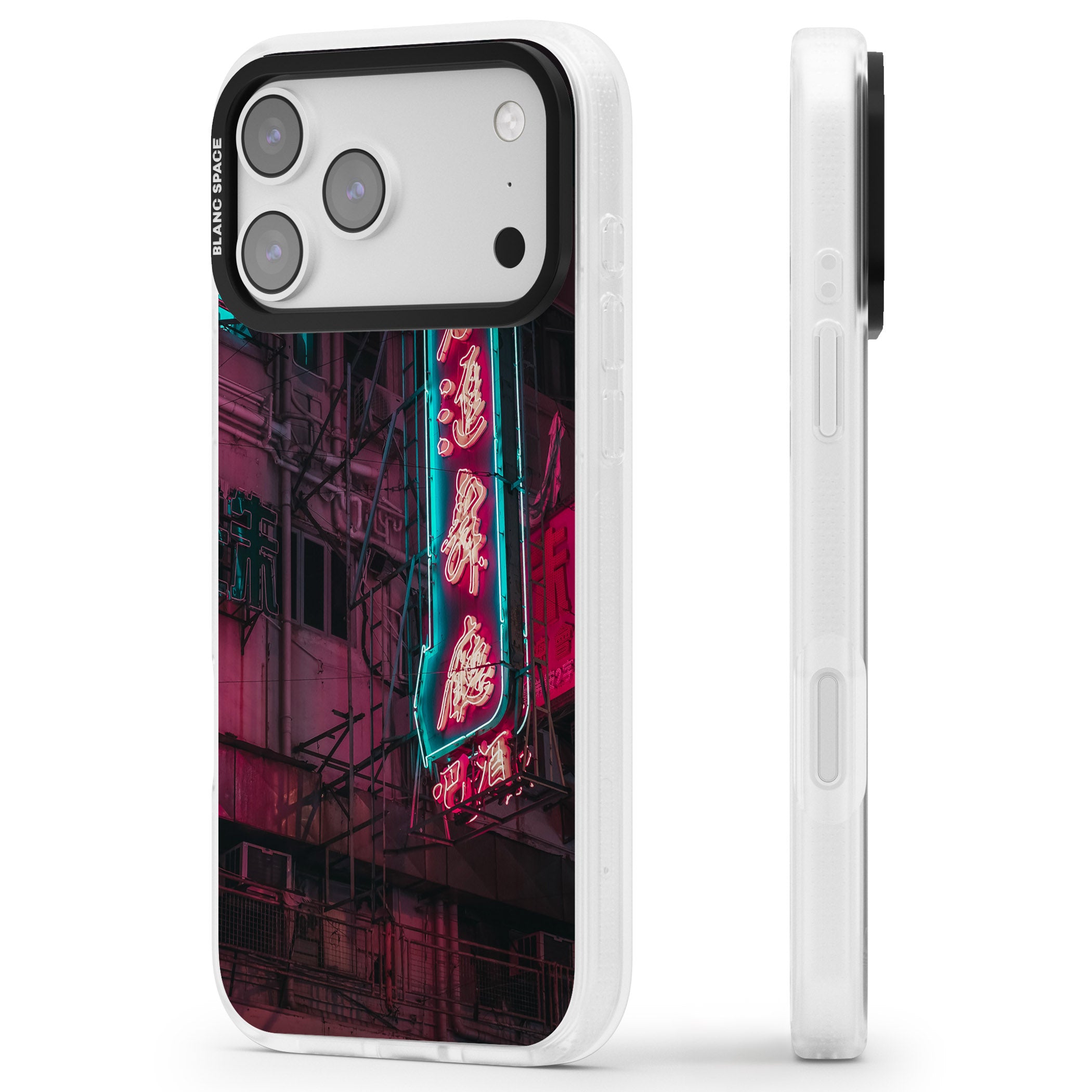 Neon Kanji Cityscape iPhone 17 Pro Impact Air Clear Phone Case Side Profile