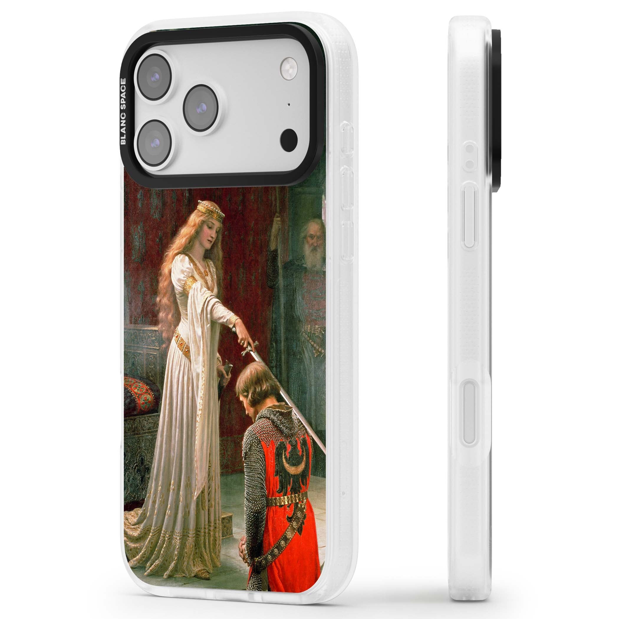 The Accolade renaissance art iPhone case featuring Edmund Blair Leighton's painting of a queen knighting a kneeling knight | Clear Case Impact Air case for iPhone 17 Pro, iPhone 17 Pro Max