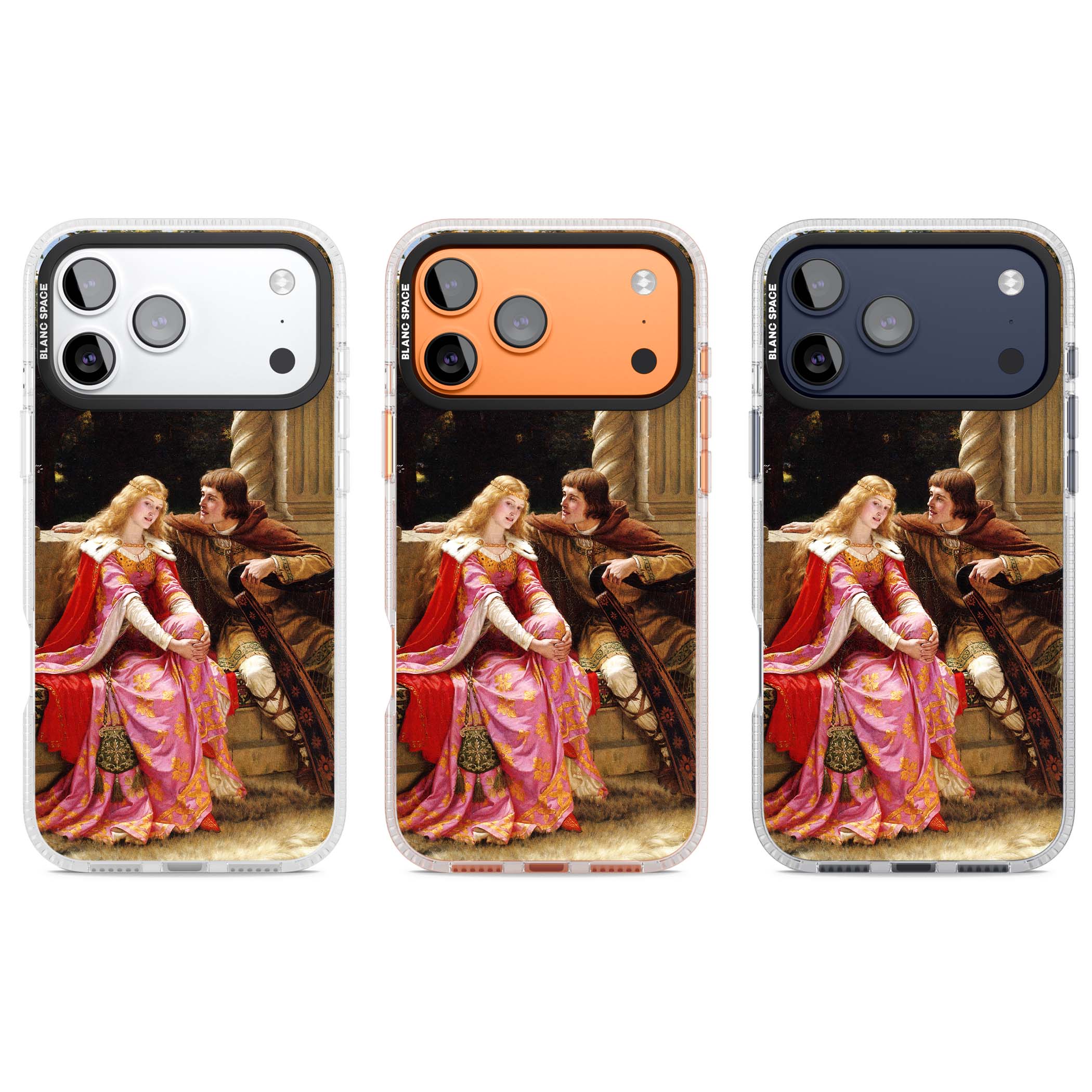 The End of the Song classic art iPhone case featuring a medieval lady in pink gown and her knight in a stone archway | Clear Case Impact Air case for iPhone 17 Pro, iPhone 17 Pro Max