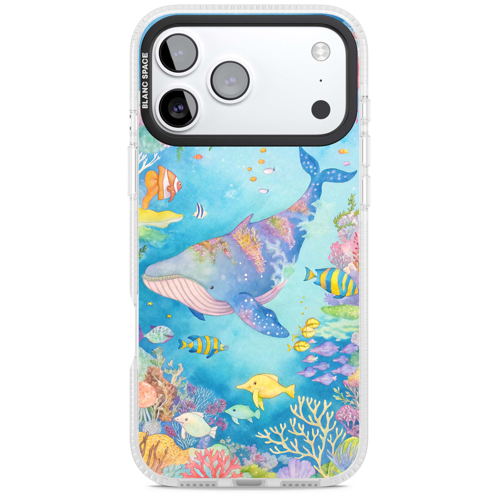 Coral Lagoon ocean iPhone case featuring a watercolour whale, coral reef and tropical fish | Clear Case Impact Air case for iPhone 17 Pro, iPhone 17 Pro Max
