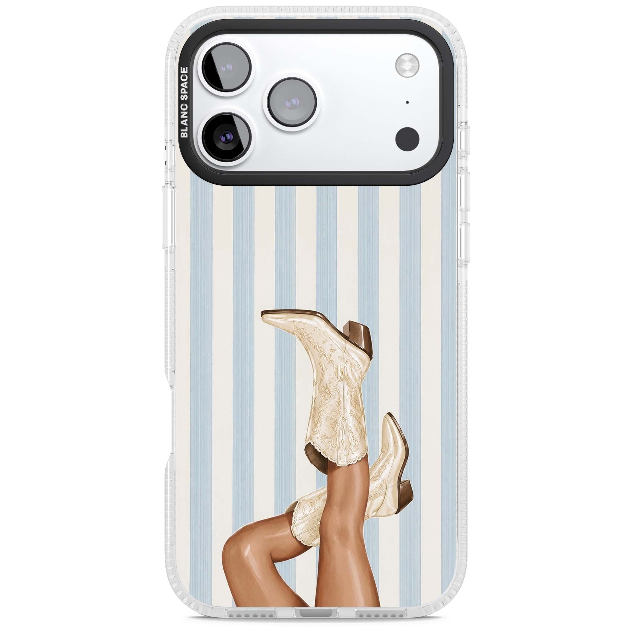 Cowgirl Boots coastal cowgirl iPhone case featuring embroidered western boots, tanned legs and a blue stripe backdrop | Clear Case Impact Air case for iPhone 17 Pro, iPhone 17 Pro Max