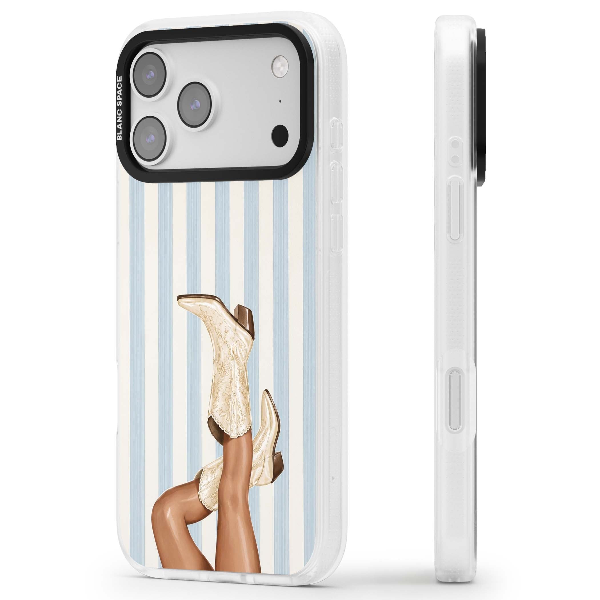 Cowgirl Boots coastal cowgirl iPhone case featuring embroidered western boots, tanned legs and a blue stripe backdrop | Clear Case Impact Air case for iPhone 17 Pro, iPhone 17 Pro Max