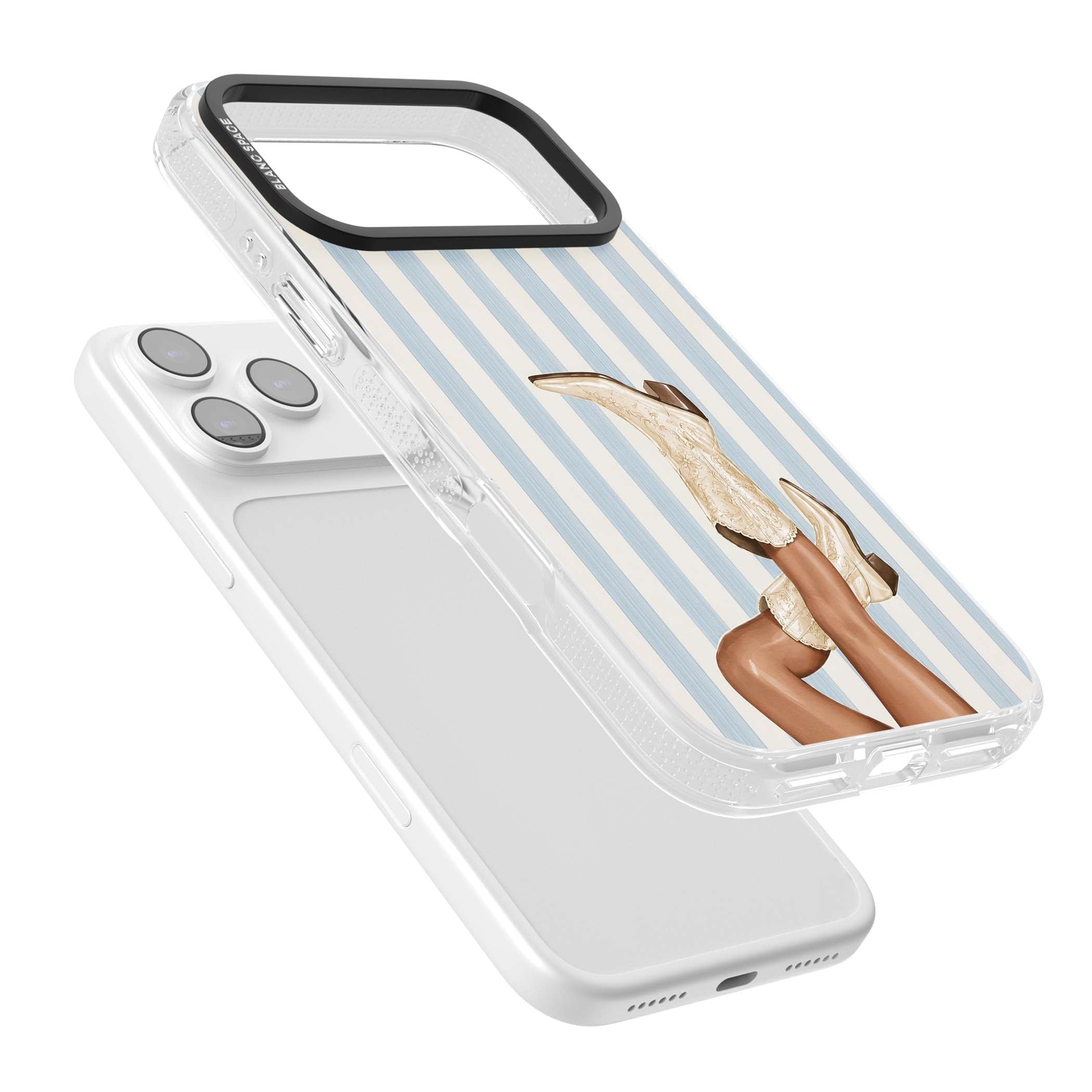 Cowgirl Boots coastal cowgirl iPhone case featuring embroidered western boots, tanned legs and a blue stripe backdrop | Clear Case Impact Air case for iPhone 17 Pro, iPhone 17 Pro Max