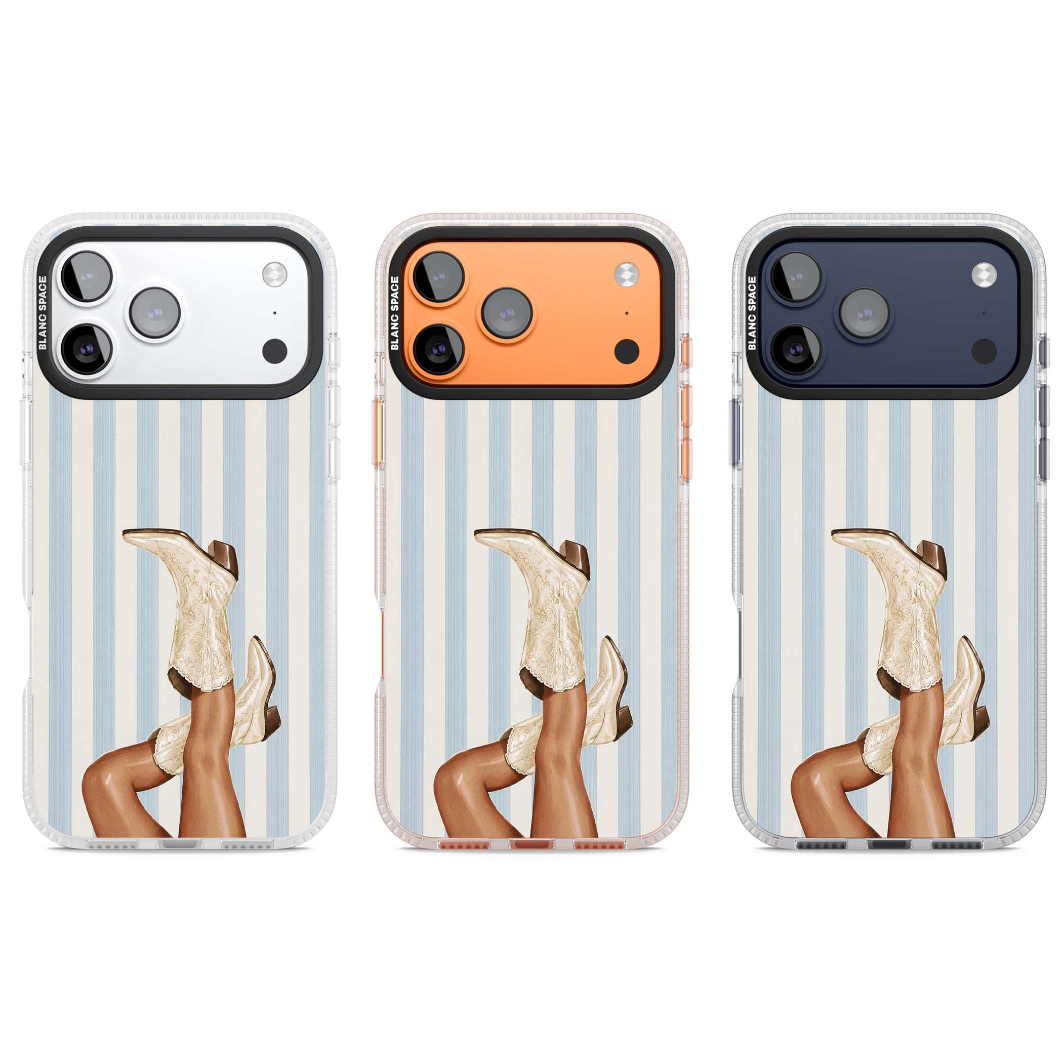 Cowgirl Boots coastal cowgirl iPhone case featuring embroidered western boots, tanned legs and a blue stripe backdrop | Clear Case Impact Air case for iPhone 17 Pro, iPhone 17 Pro Max