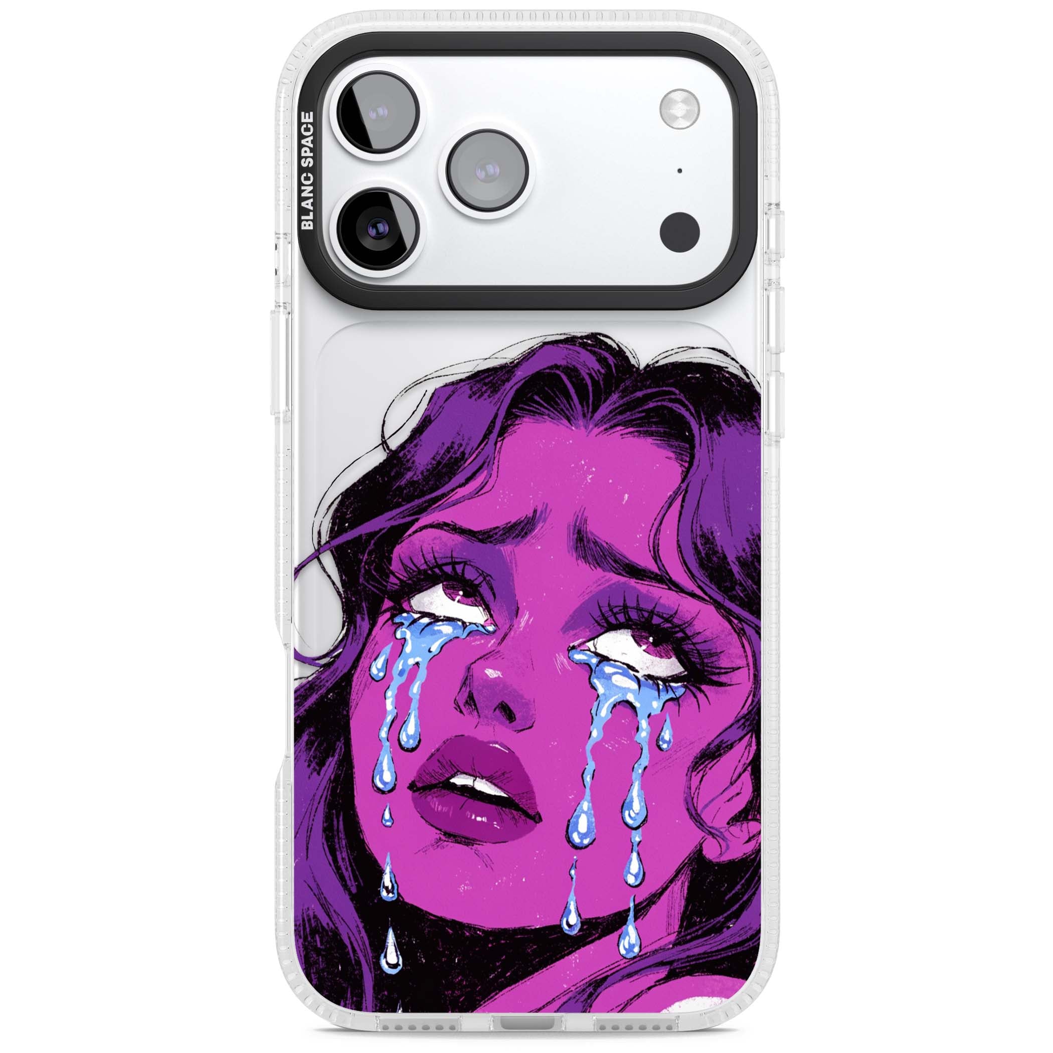 Drama Queen pop art iPhone case featuring a purple crying comic girl with blue tears | Clear Case Impact Air case for iPhone 17 Pro, iPhone 17 Pro Max