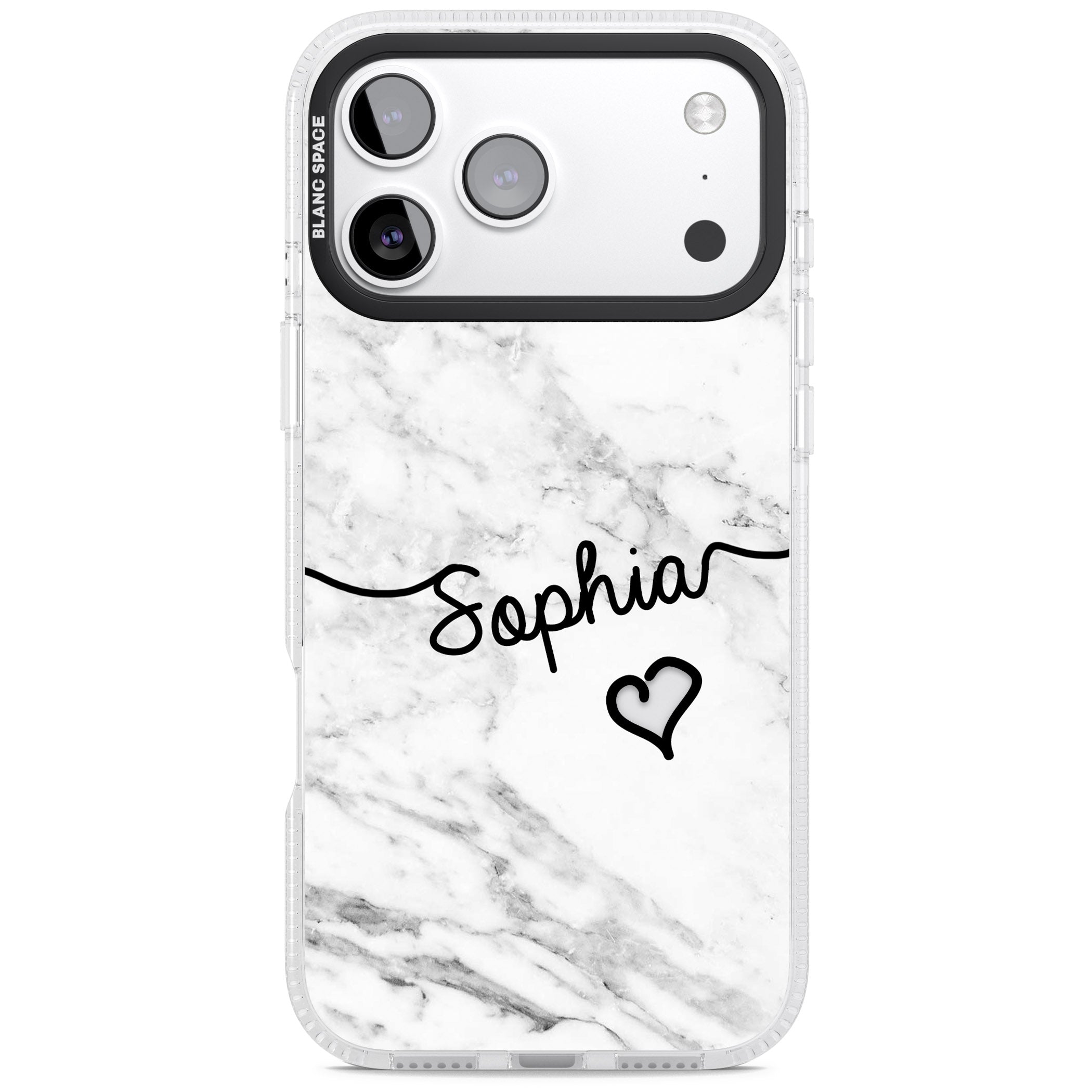 Personalised White Marble Heart iPhone 17 Pro Impact Air Clear Phone Case