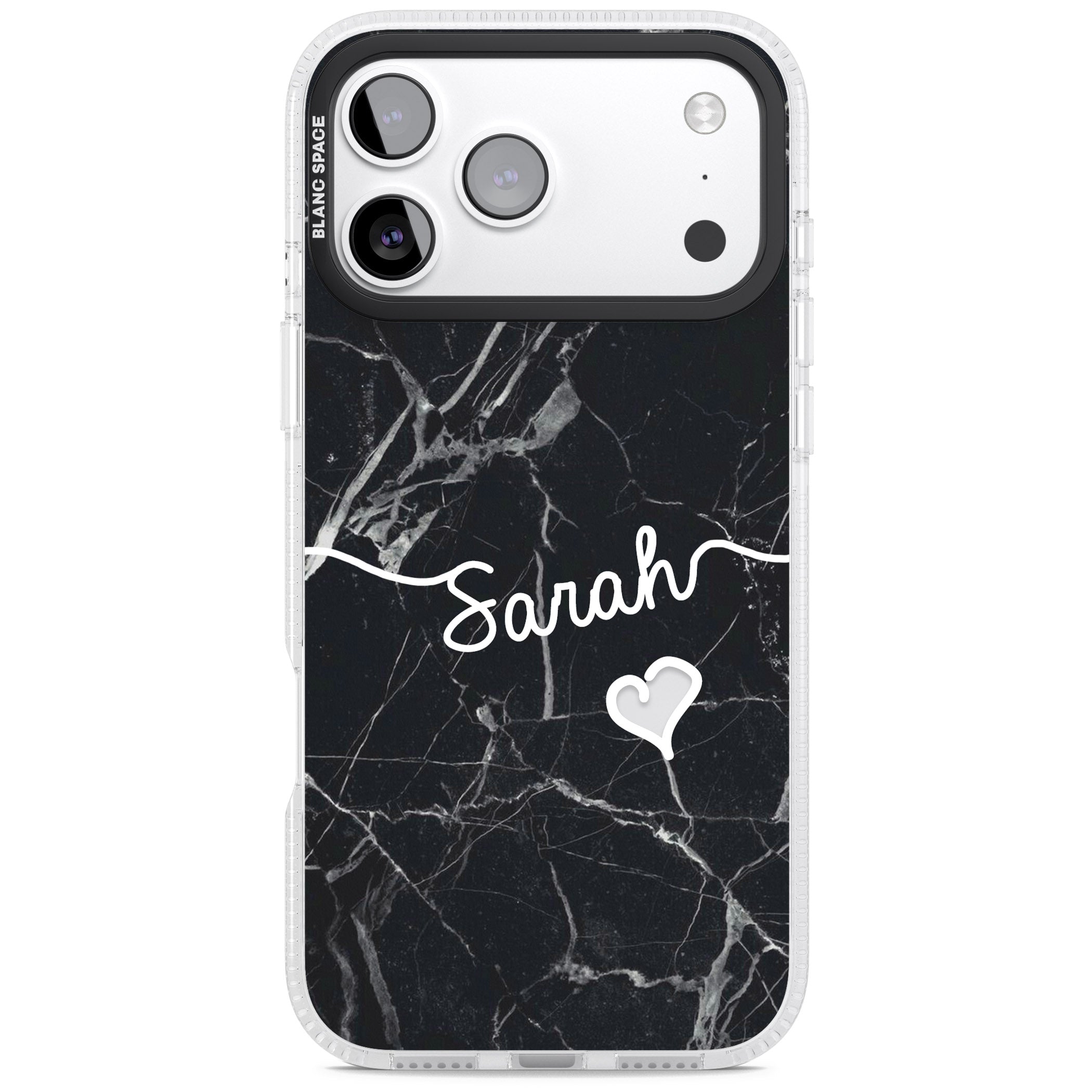 Personalised Black Marble Heart iPhone 17 Pro Impact Air Clear Phone Case