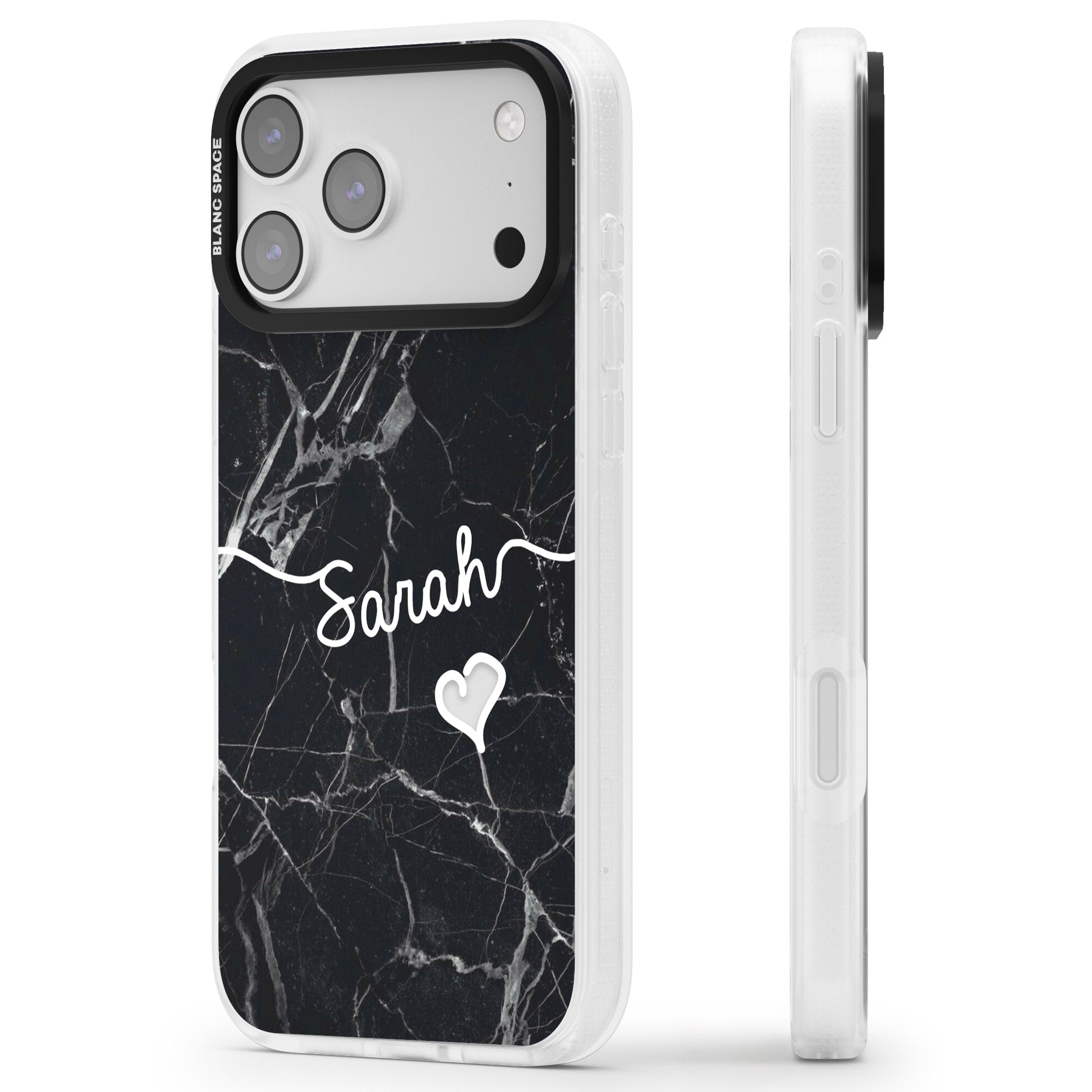 Personalised Black Marble Heart iPhone 17 Pro Impact Air Clear Phone Case Side Profile