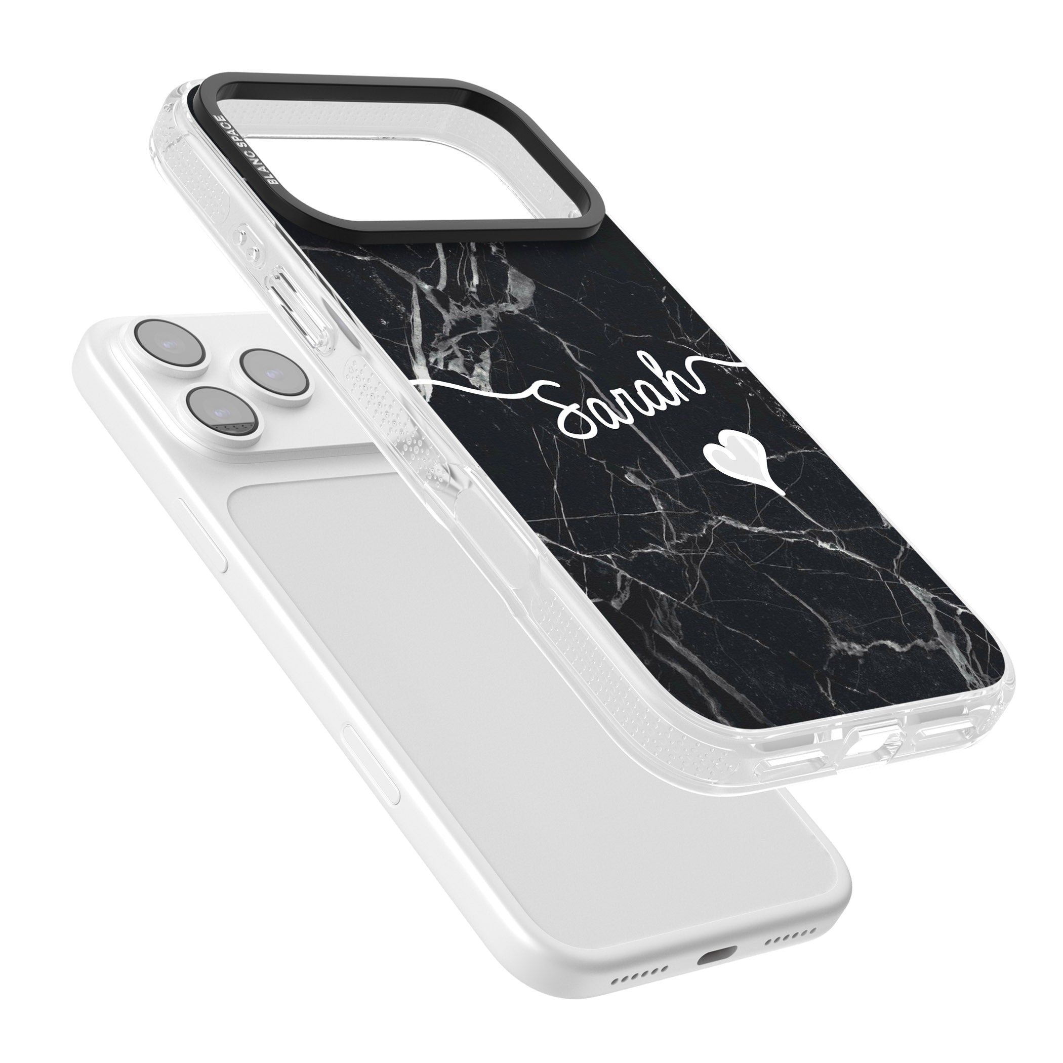 Personalised Black Marble Heart iPhone 17 Pro Impact Air Clear Phone Case Colours