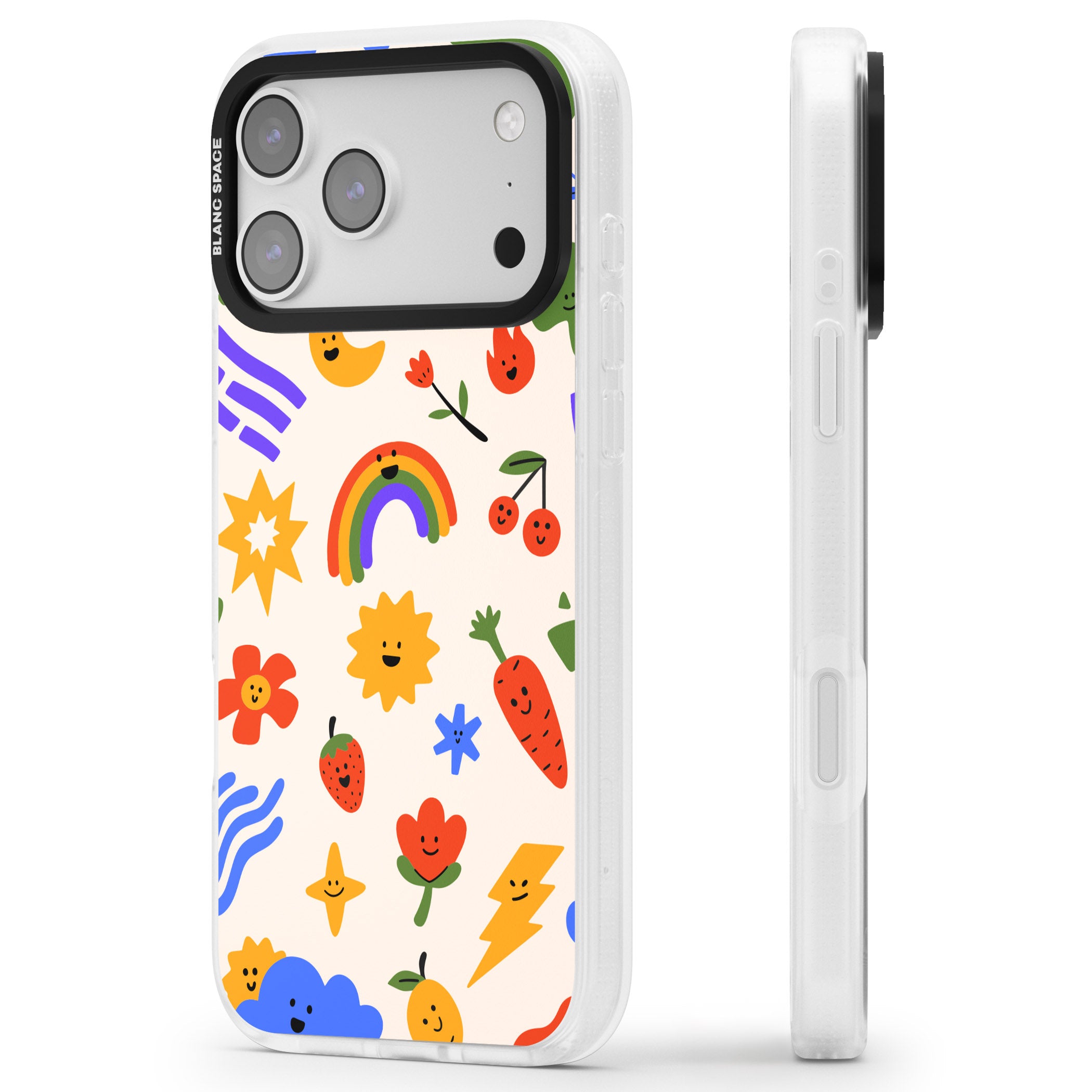 Playful Kawaii Icons iPhone 17 Pro Impact Air Clear Phone Case Side Profile