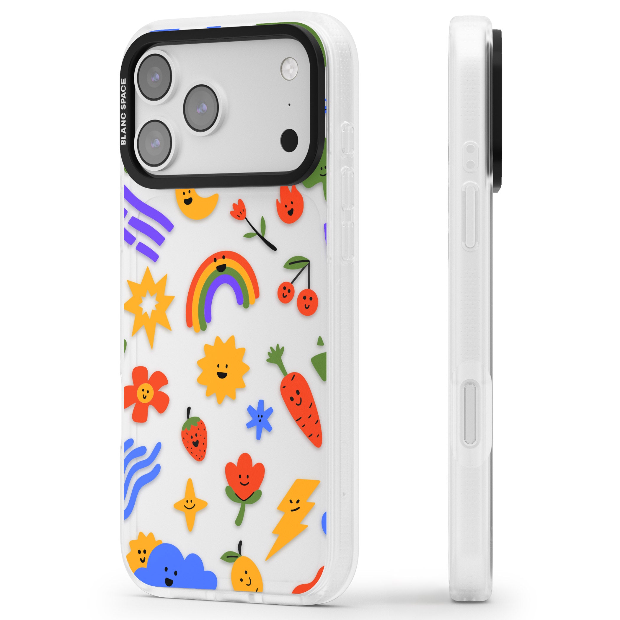 Colorful Kawaii Icons iPhone 17 Pro Impact Air Clear Phone Case Side Profile