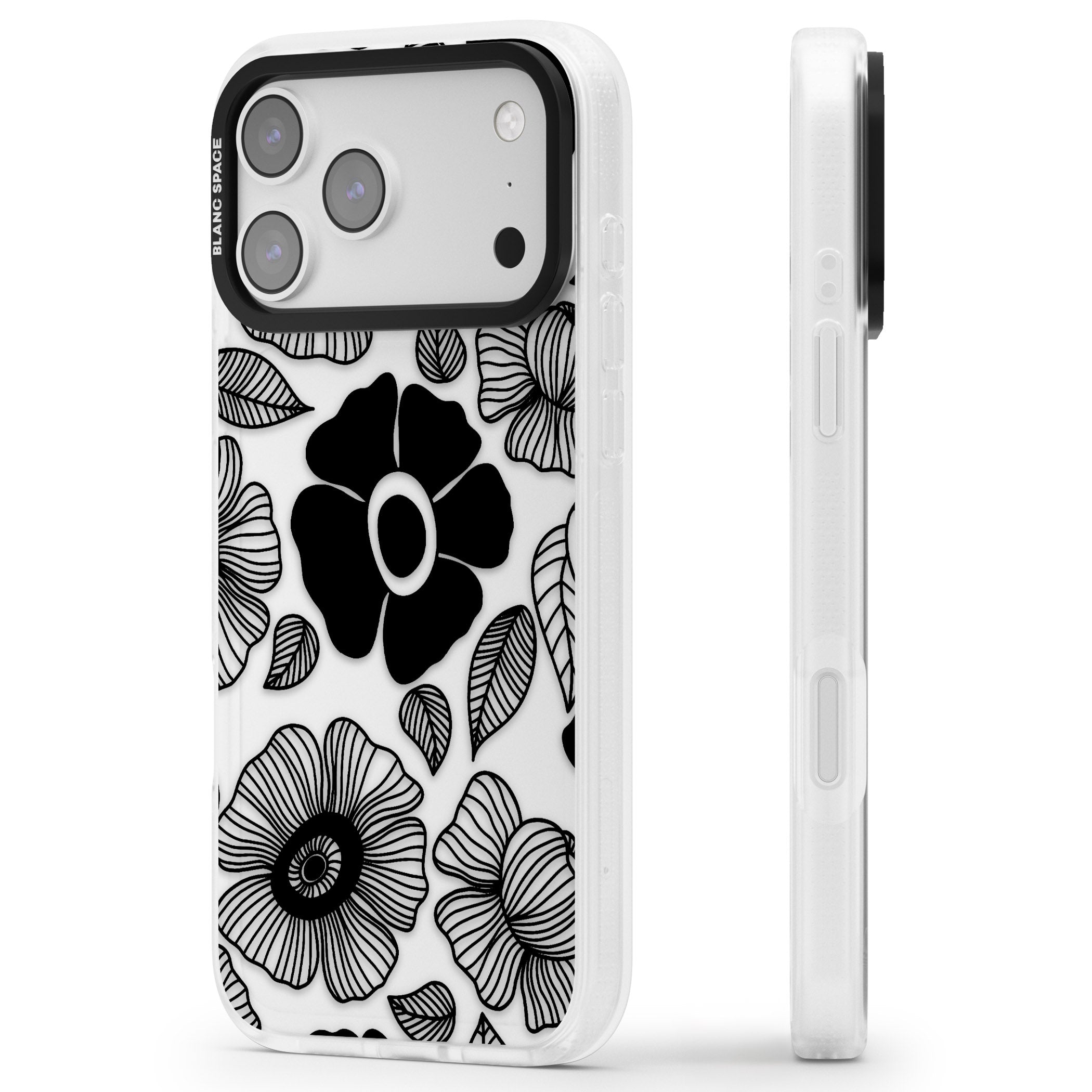 Black Flowers iPhone 17 Pro Impact Air Clear Phone Case Side Profile