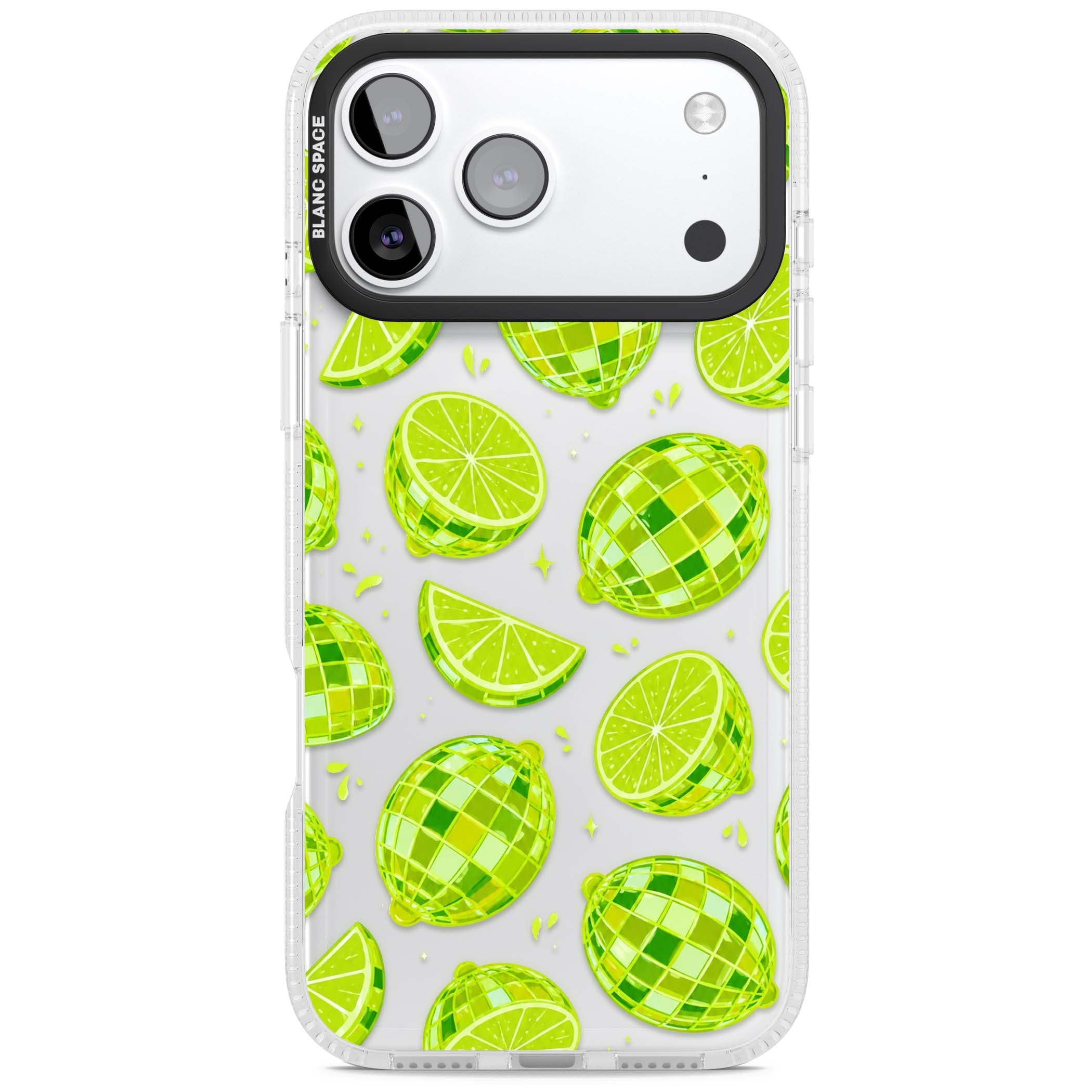Disco Limes fruit aesthetic iPhone case featuring green disco balls, lime slices and citrus sparkles | Clear Case Impact Air case for iPhone 17 Pro, iPhone 17 Pro Max