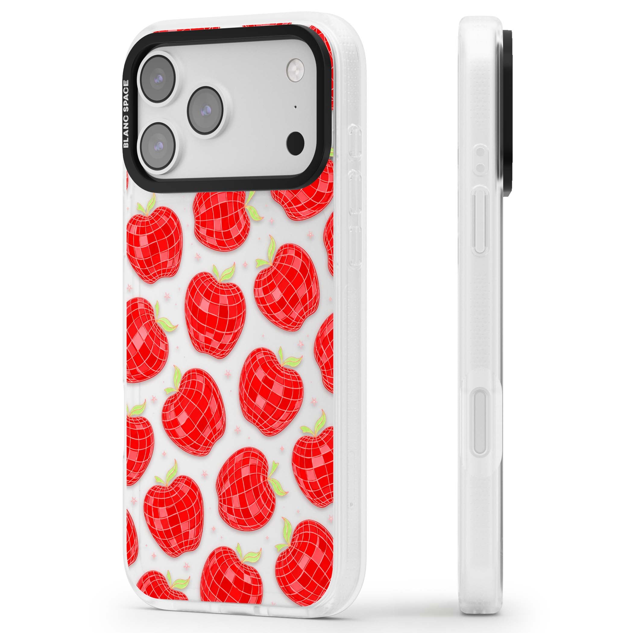Disco Apples Y2K iPhone case featuring red disco ball apples, green leaves and pink sparkles on clear | Clear Case Impact Air case for iPhone 17 Pro, iPhone 17 Pro Max