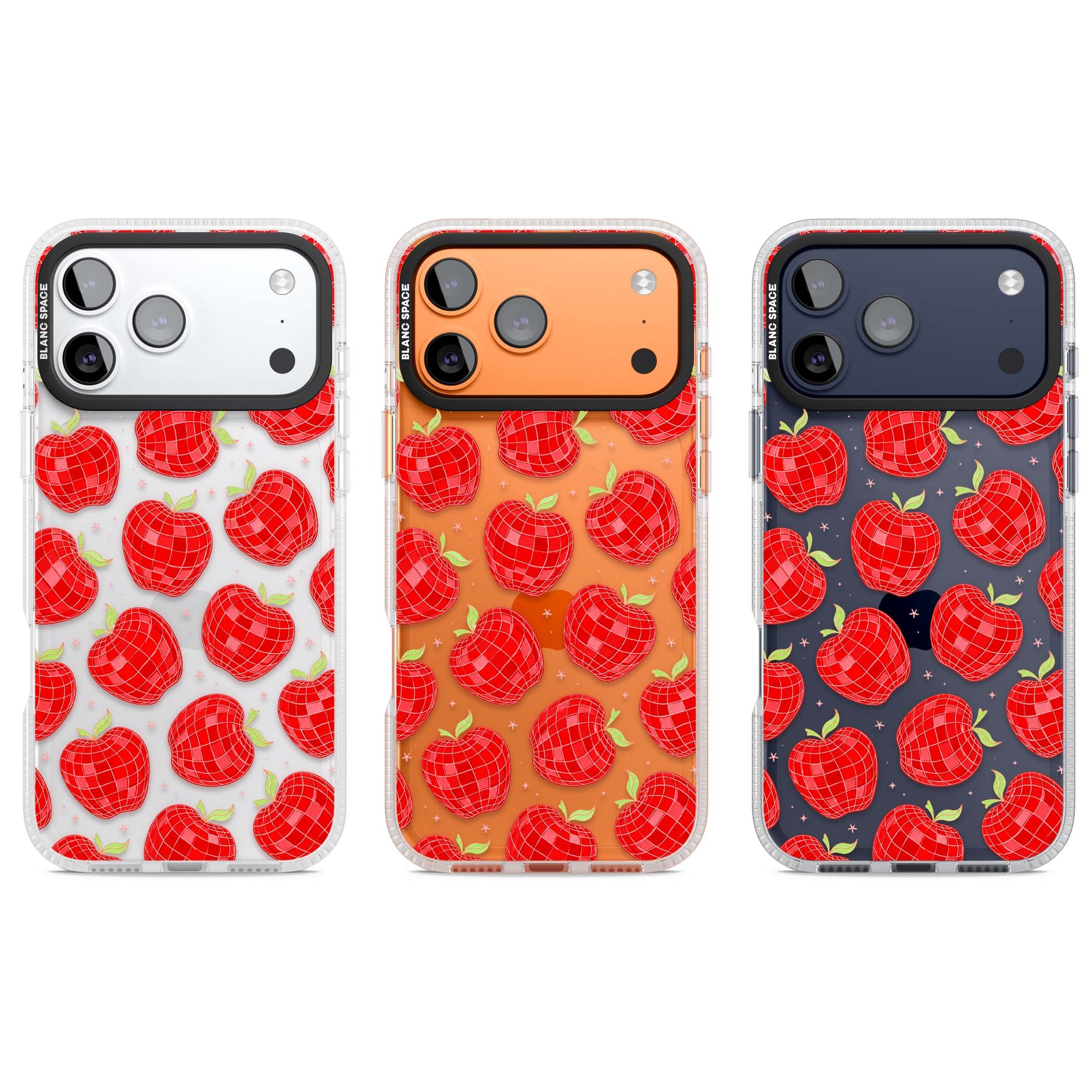 Disco Apples Y2K iPhone case featuring red disco ball apples, green leaves and pink sparkles on clear | Clear Case Impact Air case for iPhone 17 Pro, iPhone 17 Pro Max